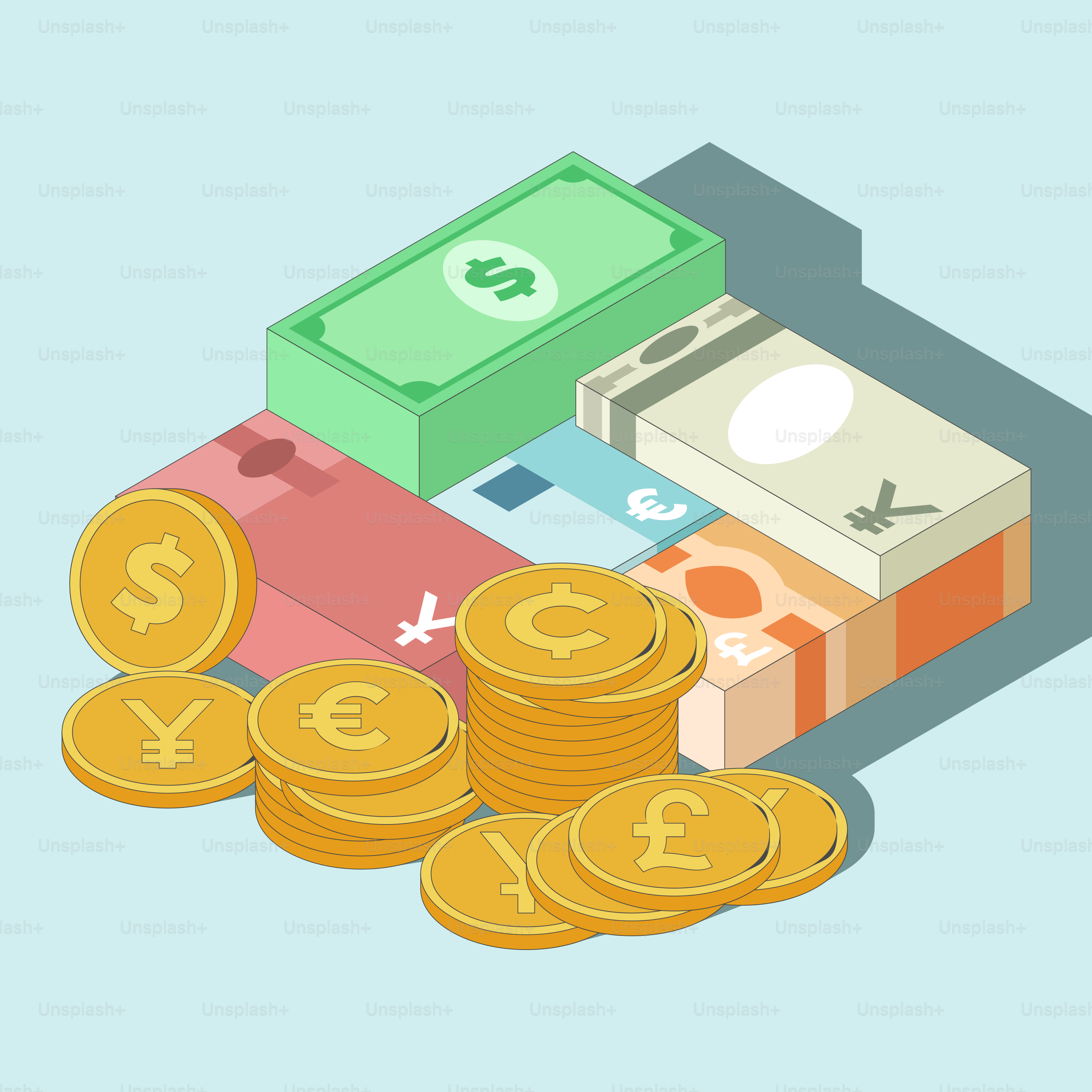 동전 더미 위에 쌓인 돈 더미