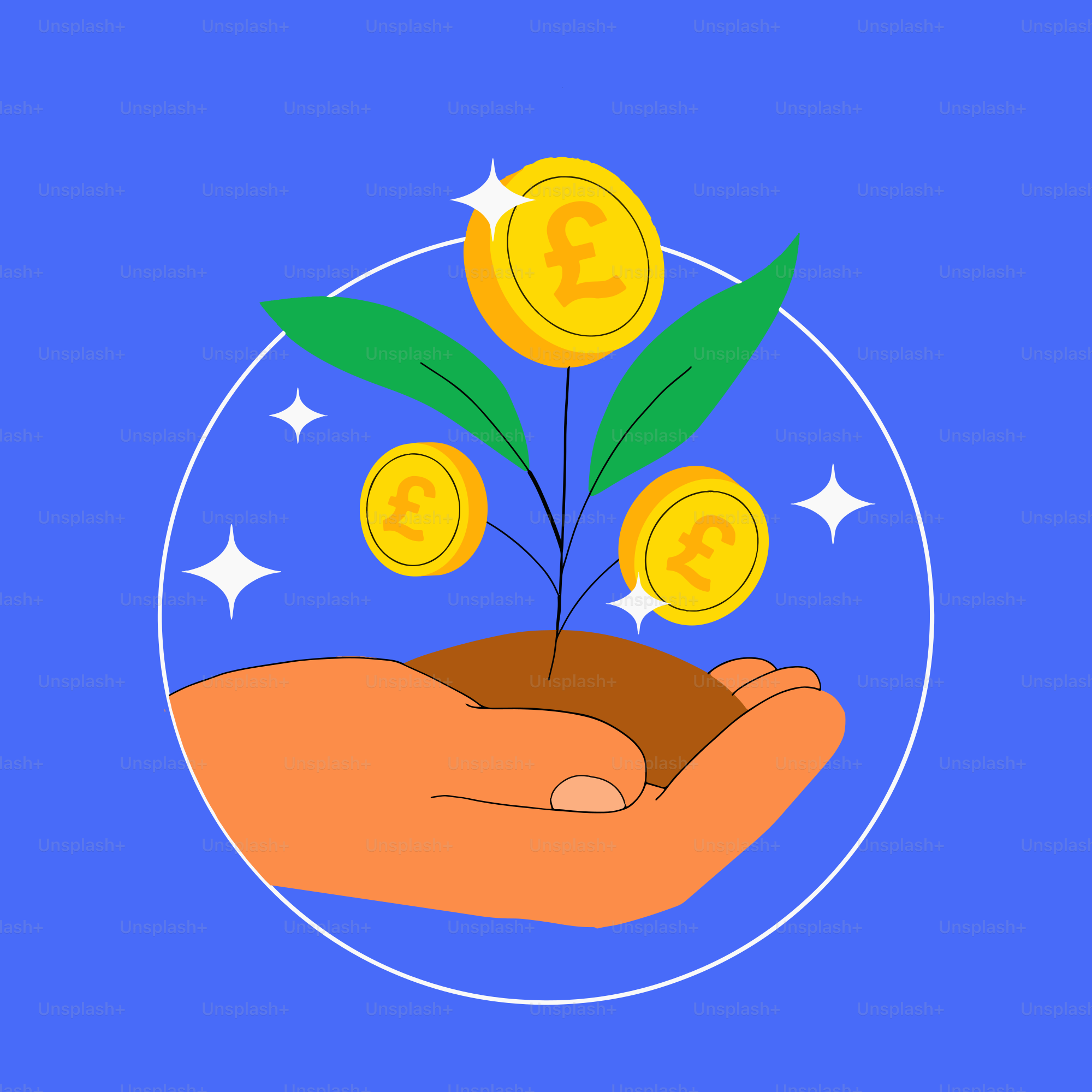 A hand holding a plant with money coming out of it