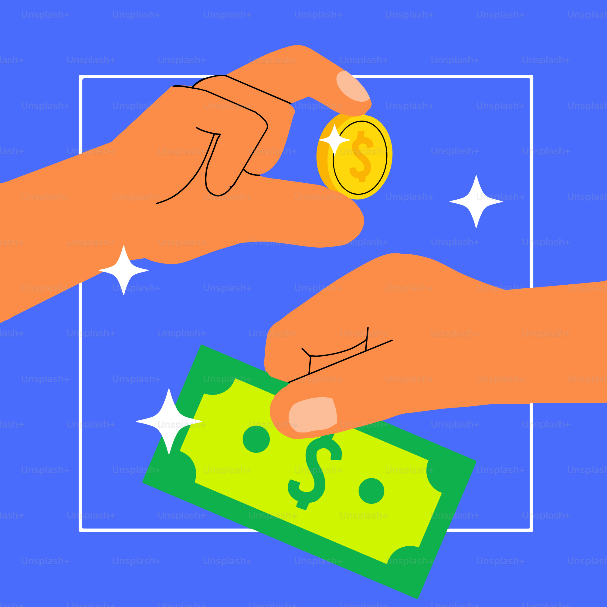 Two hands exchanging money over a blue background