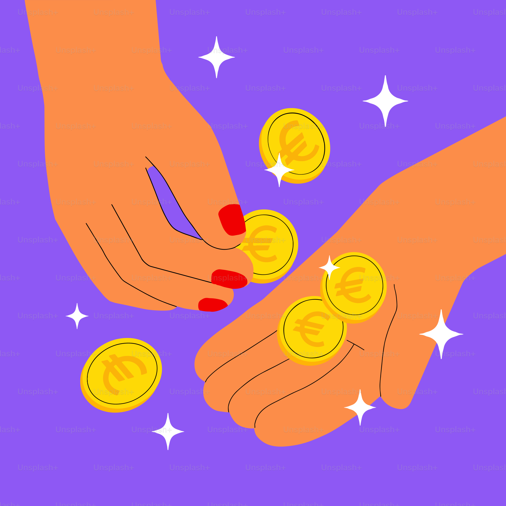 A pair of hands grabbing coins with stars in the background