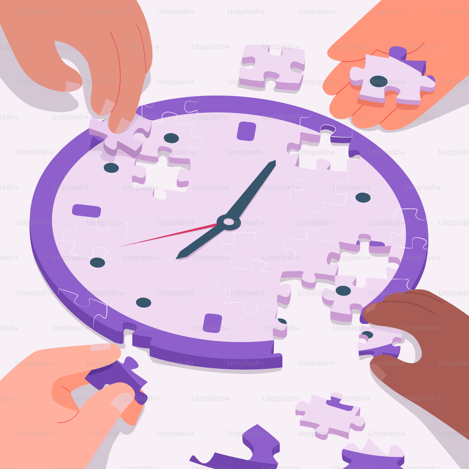 A group of people holding puzzle pieces around a clock