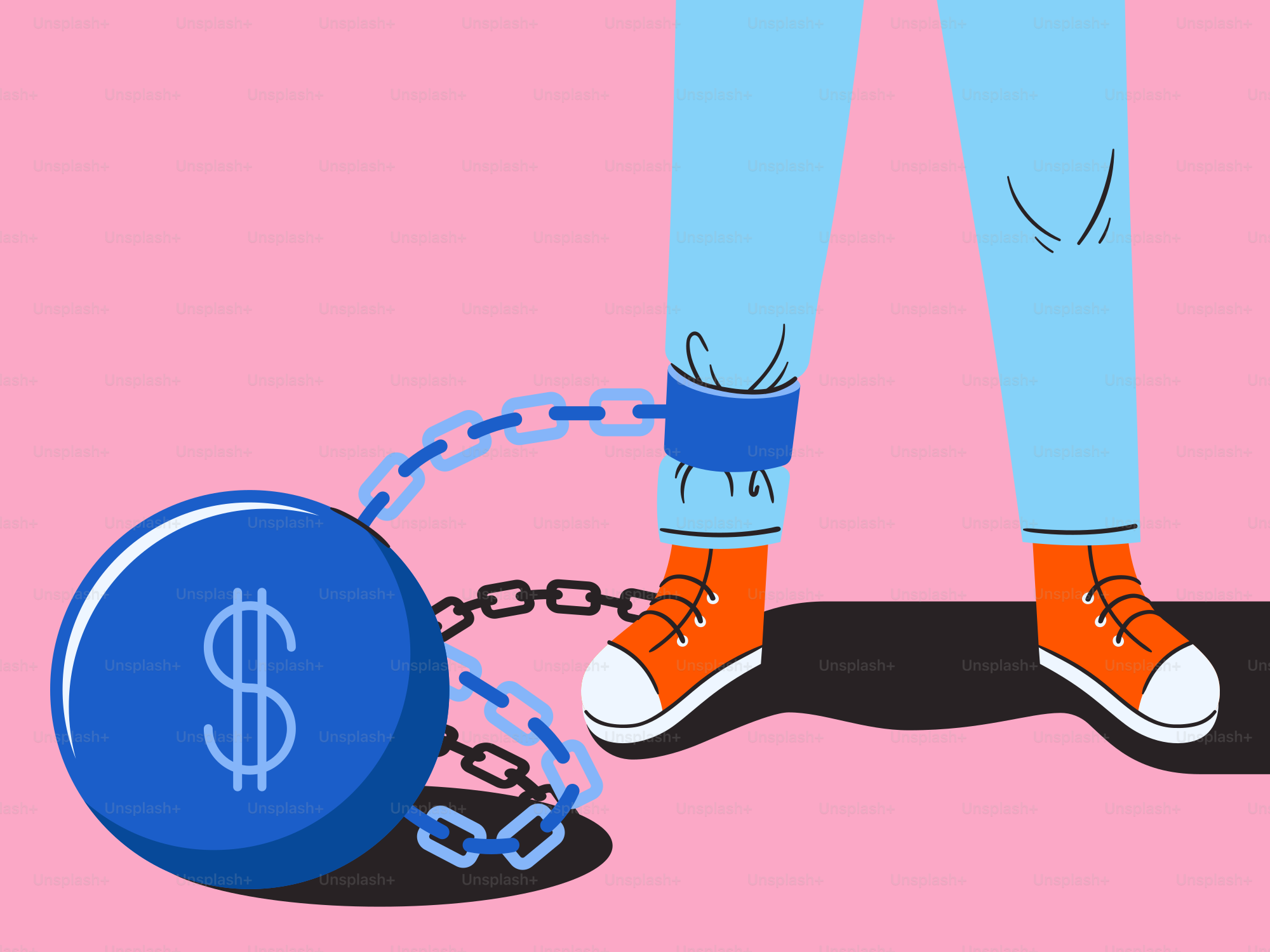 A person chained to a ball and chain