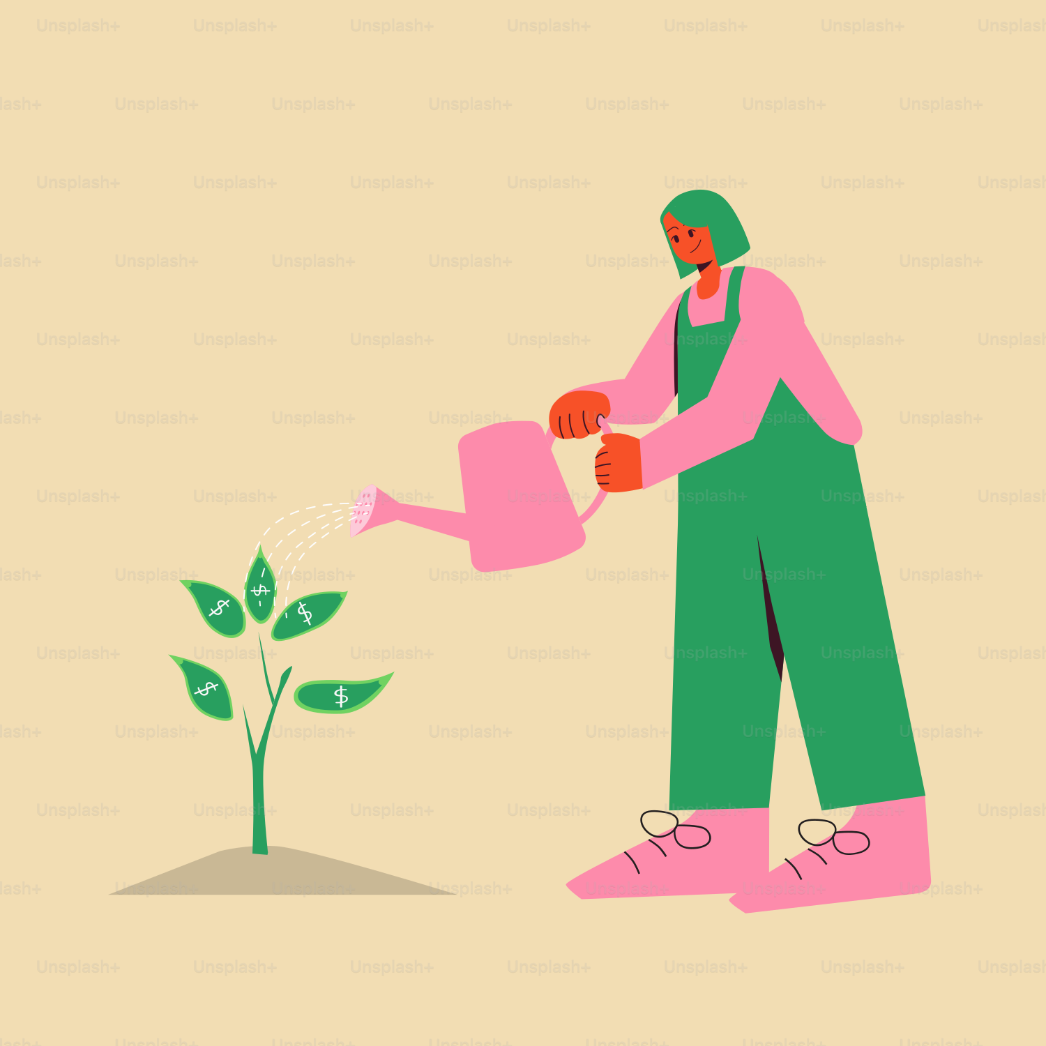 A woman watering a plant with a watering hose