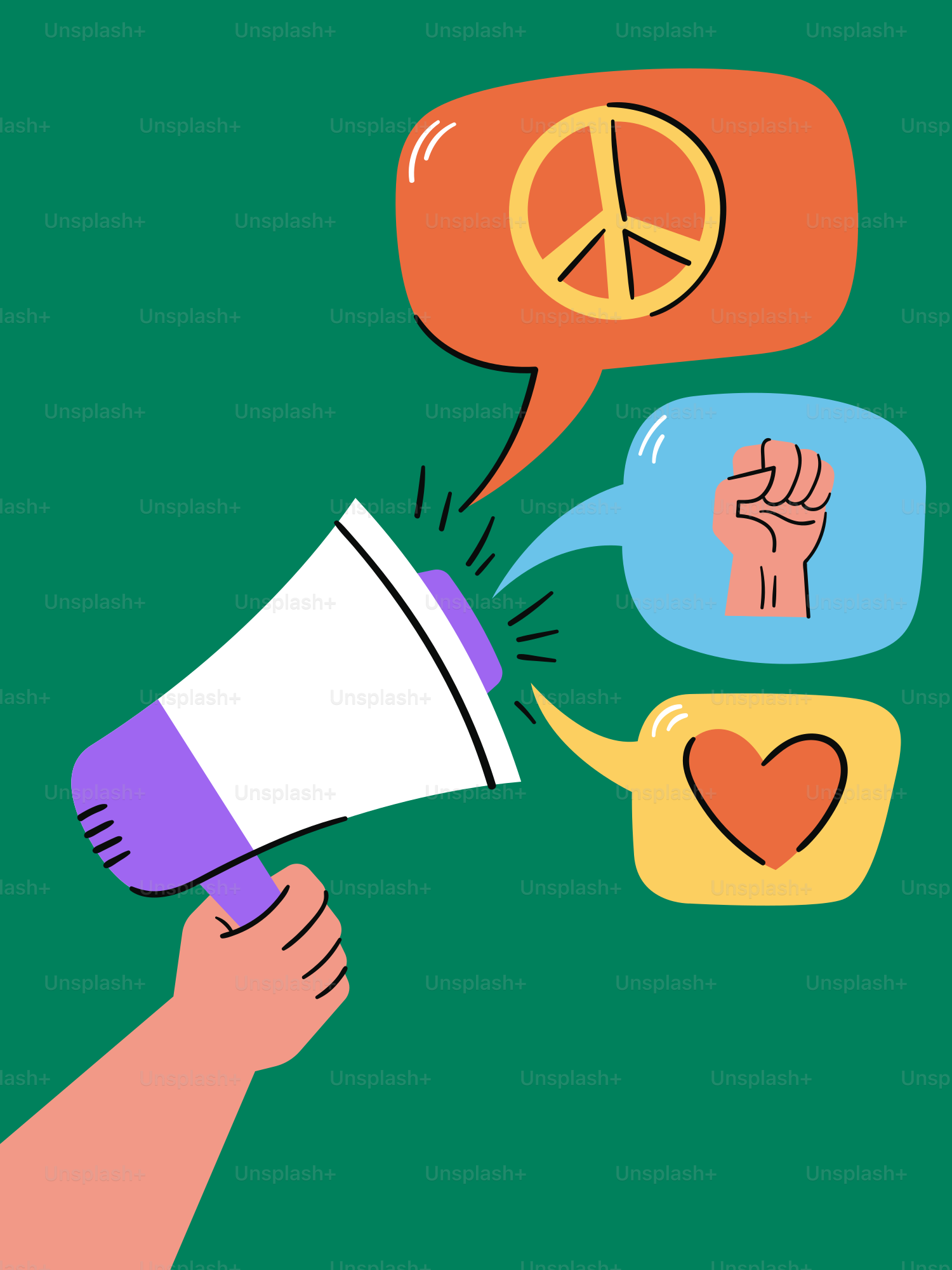 A hand holding a megaphone with a peace sign on it
