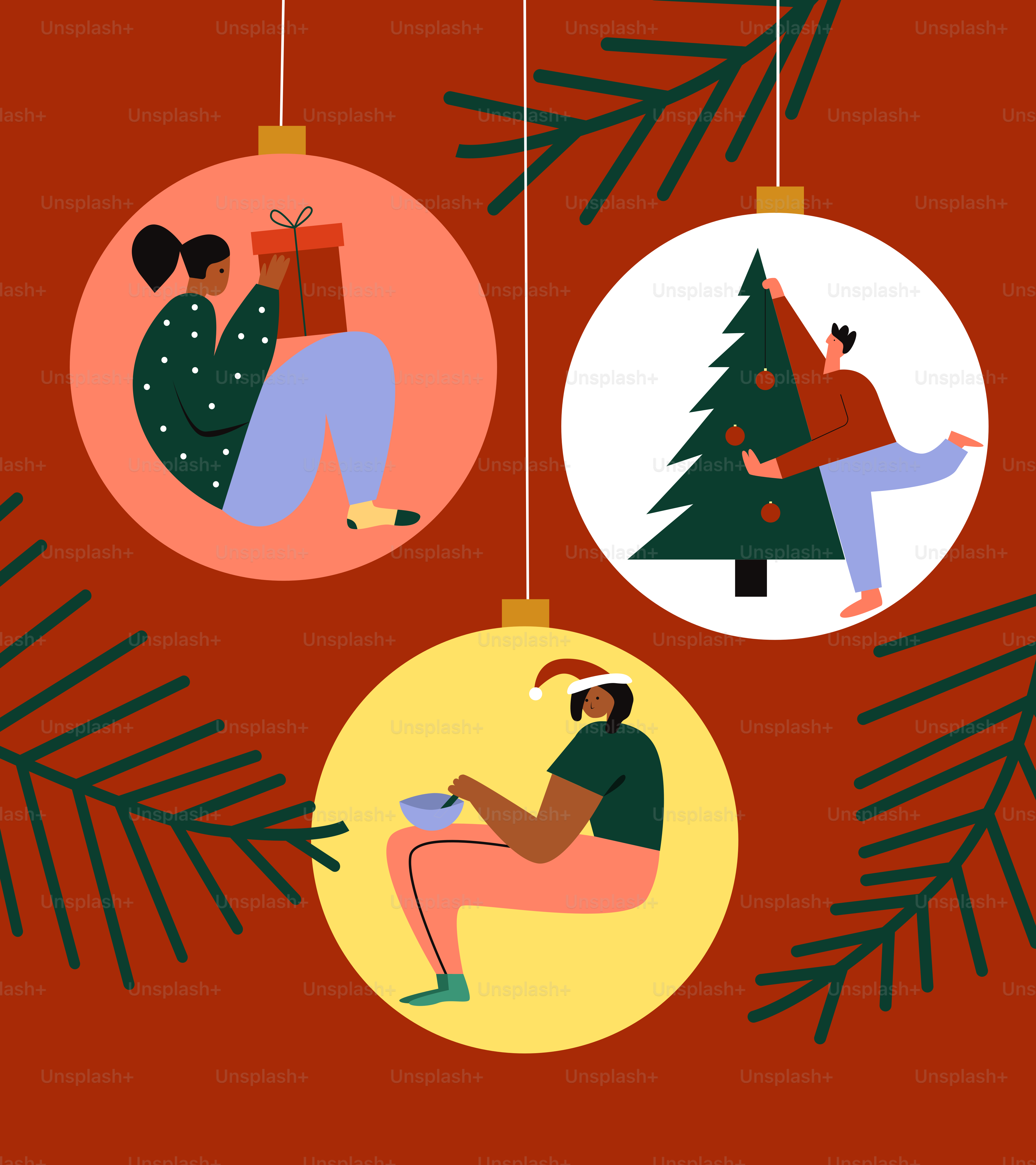 Three christmas ornaments hanging from a christmas tree