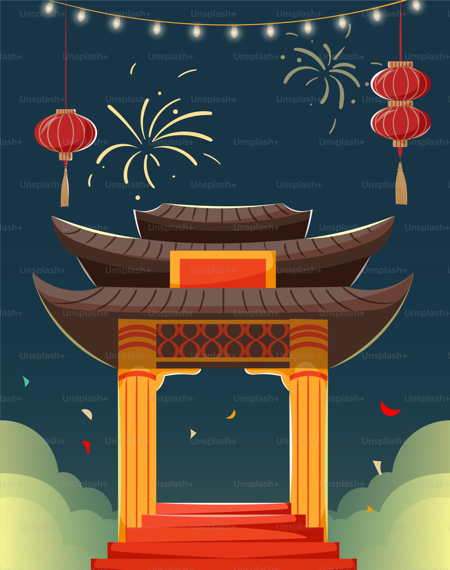 A chinese gate with fireworks in the sky