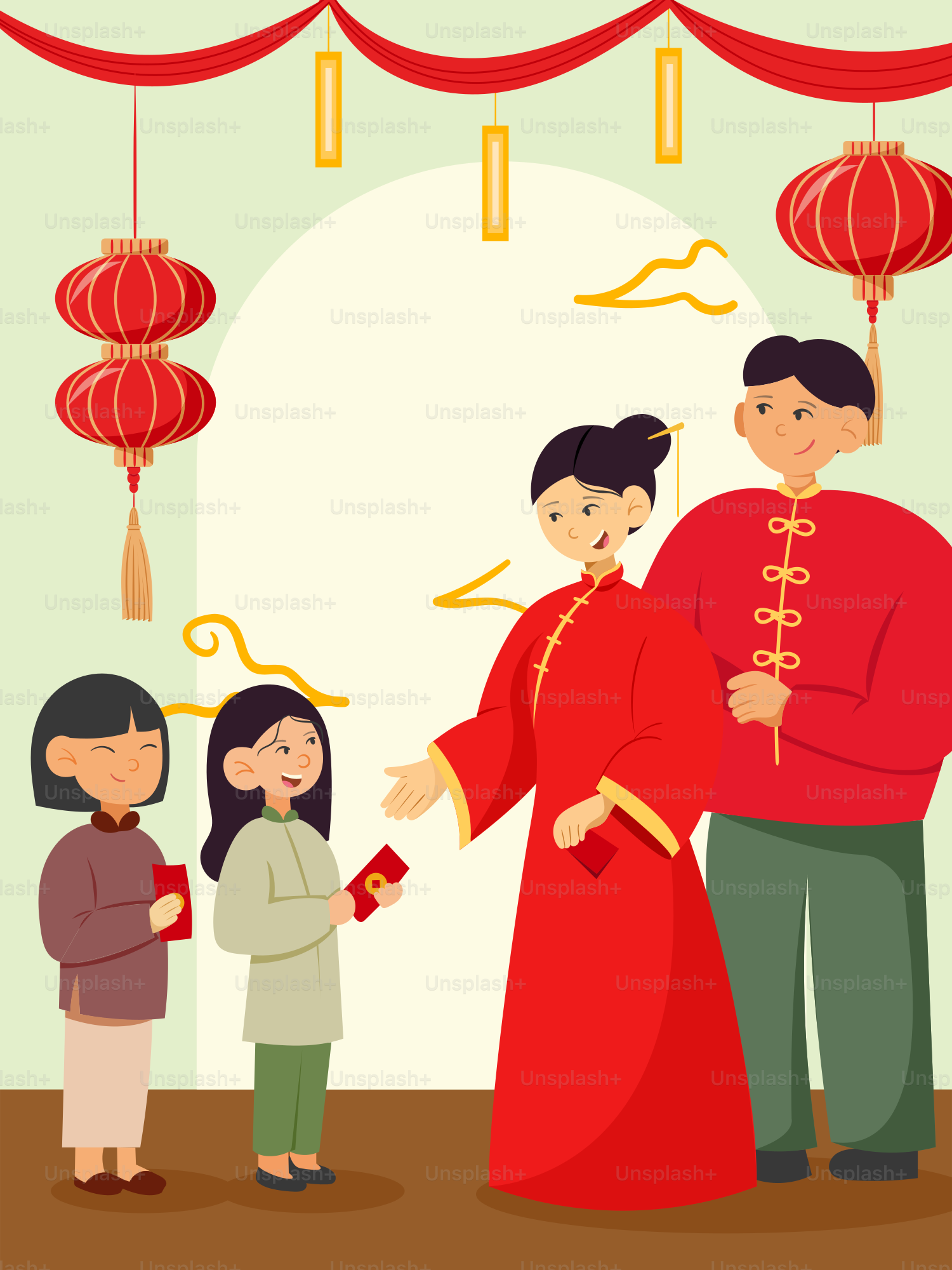 A family standing in front of a chinese archway