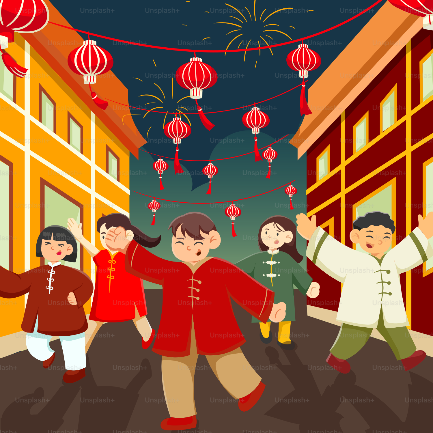 A group of people walking down a street next to tall buildings