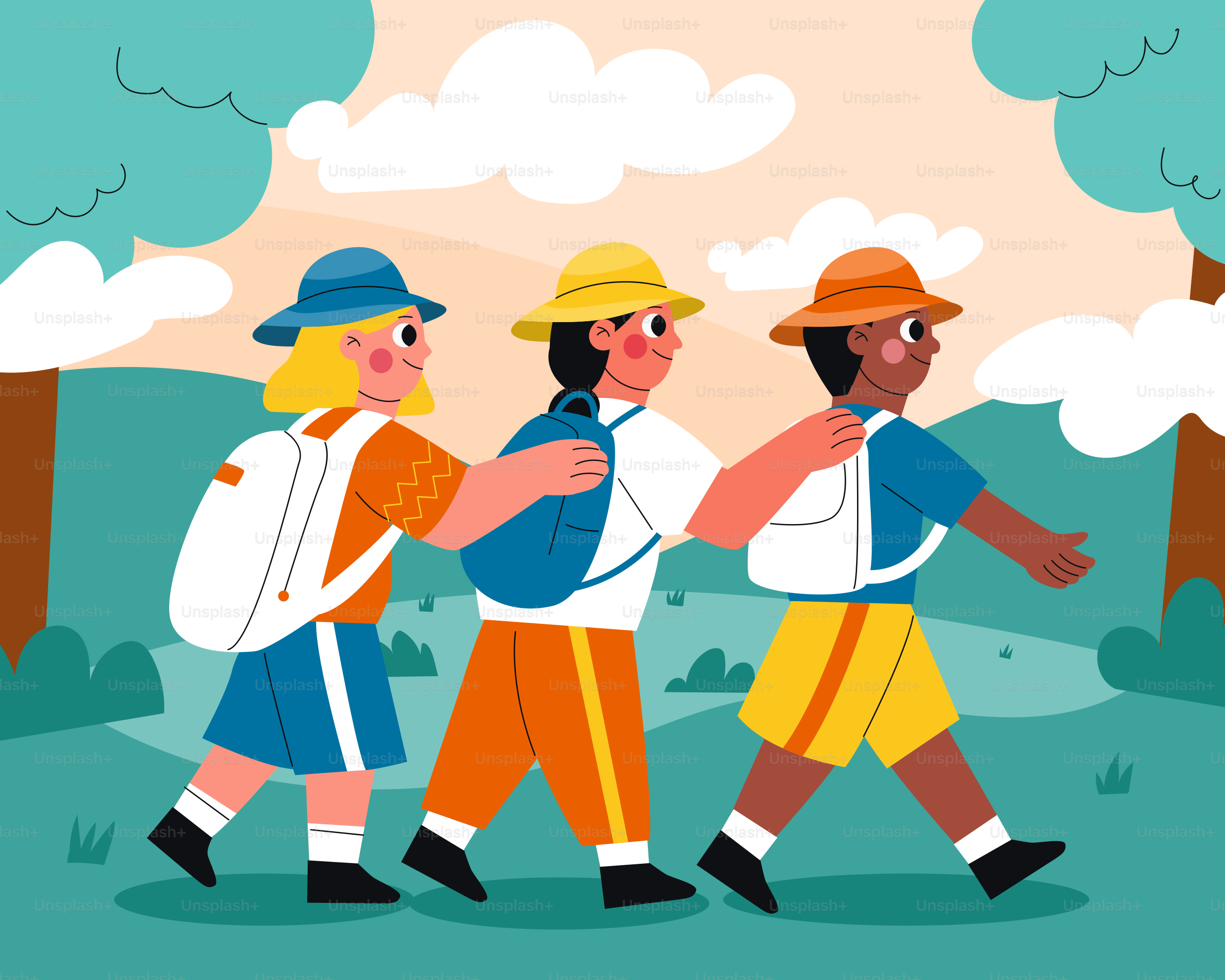 A group of people walking through a forest