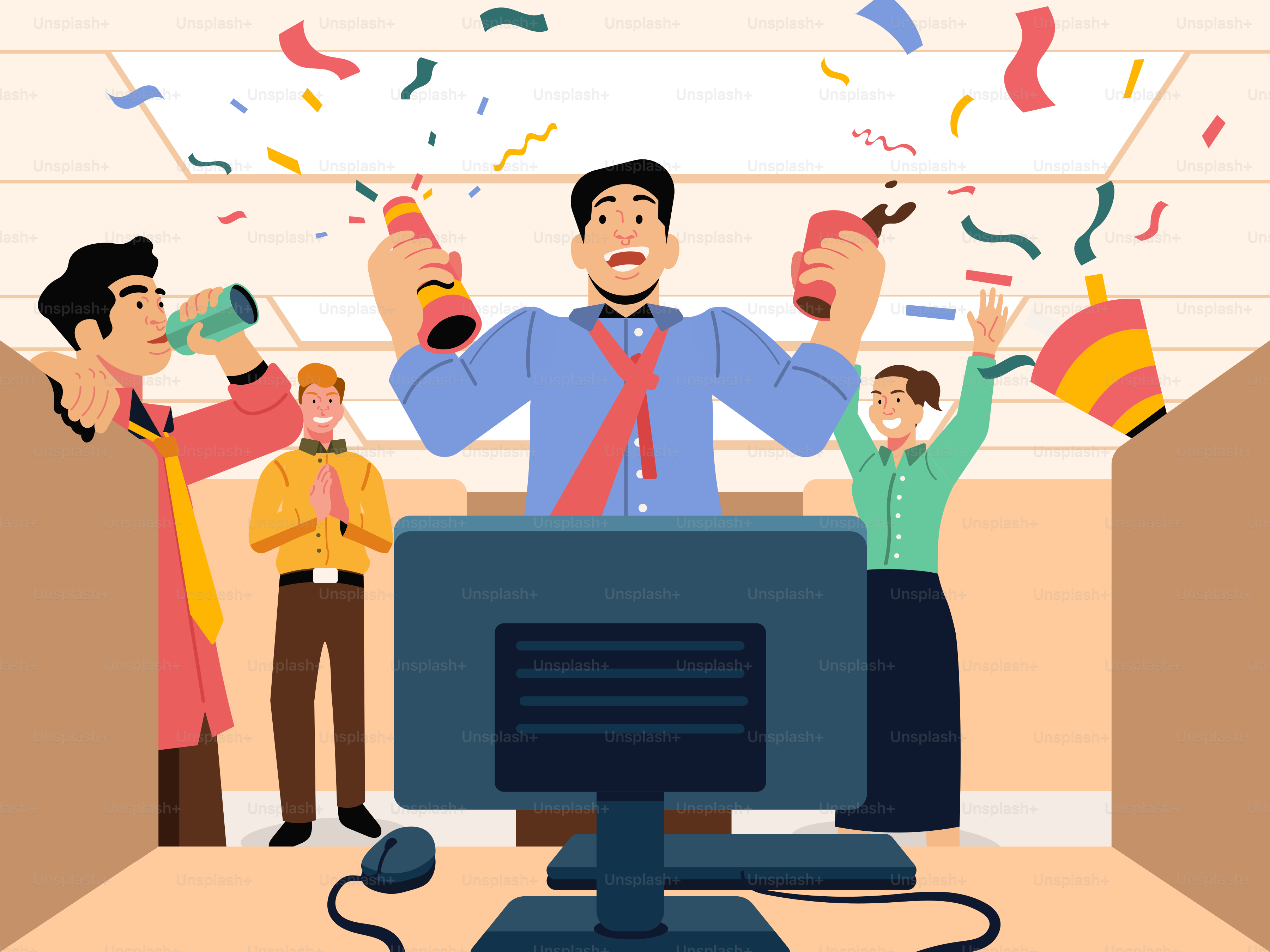 紙吹雪に囲まれたテレビの前に立つ男