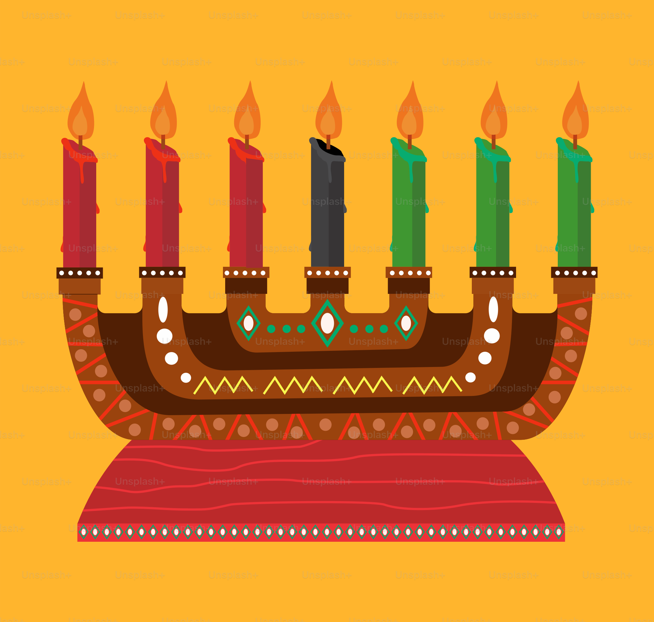 Eine Menora mit brennenden Kerzen auf gelbem Hintergrund