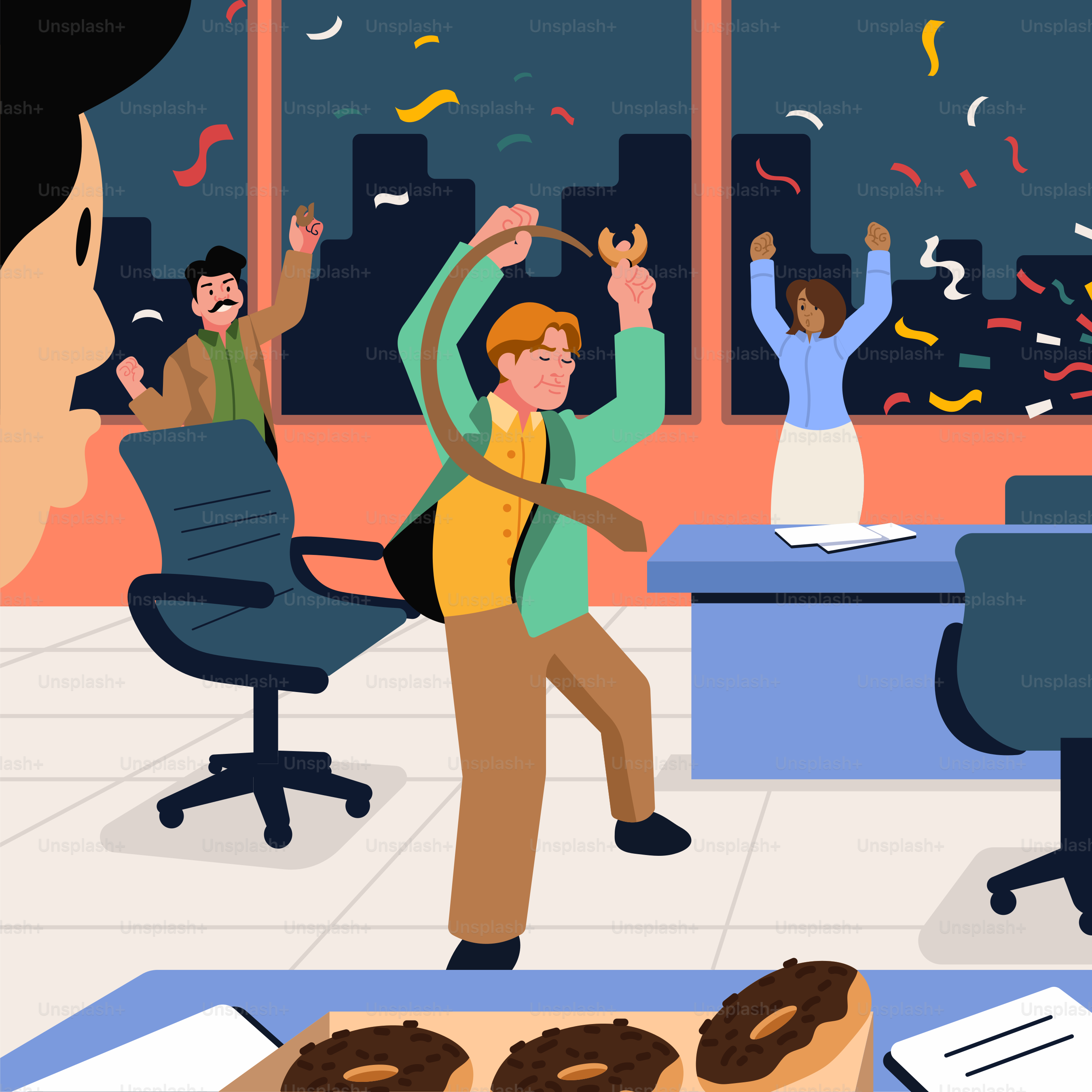 Eine Gruppe von Menschen, die um einen Tisch mit Donuts stehen