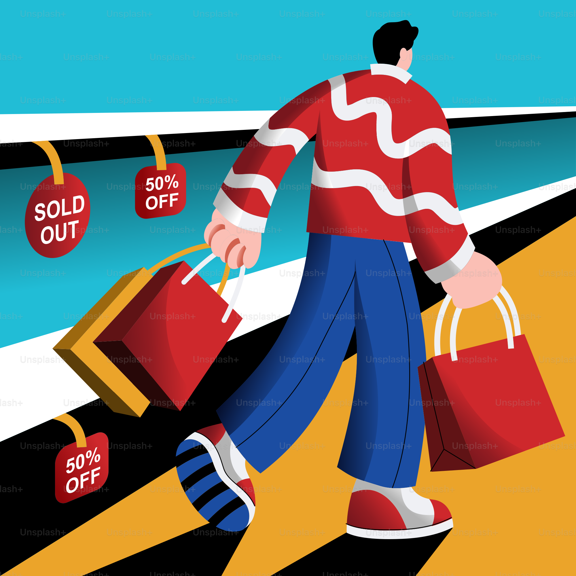 A man walking down a street holding shopping bags