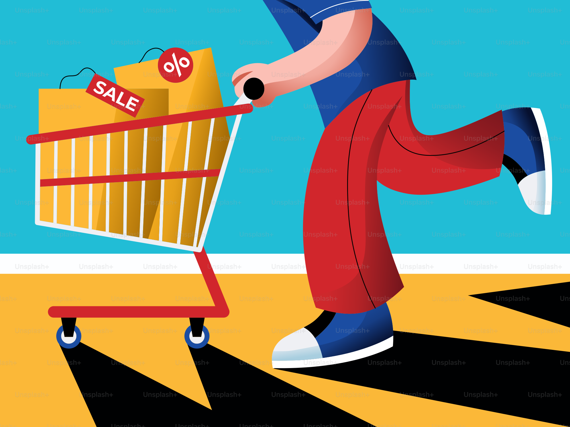 Une personne poussant un chariot de supermarché sur lequel est apposée une pancarte de vente