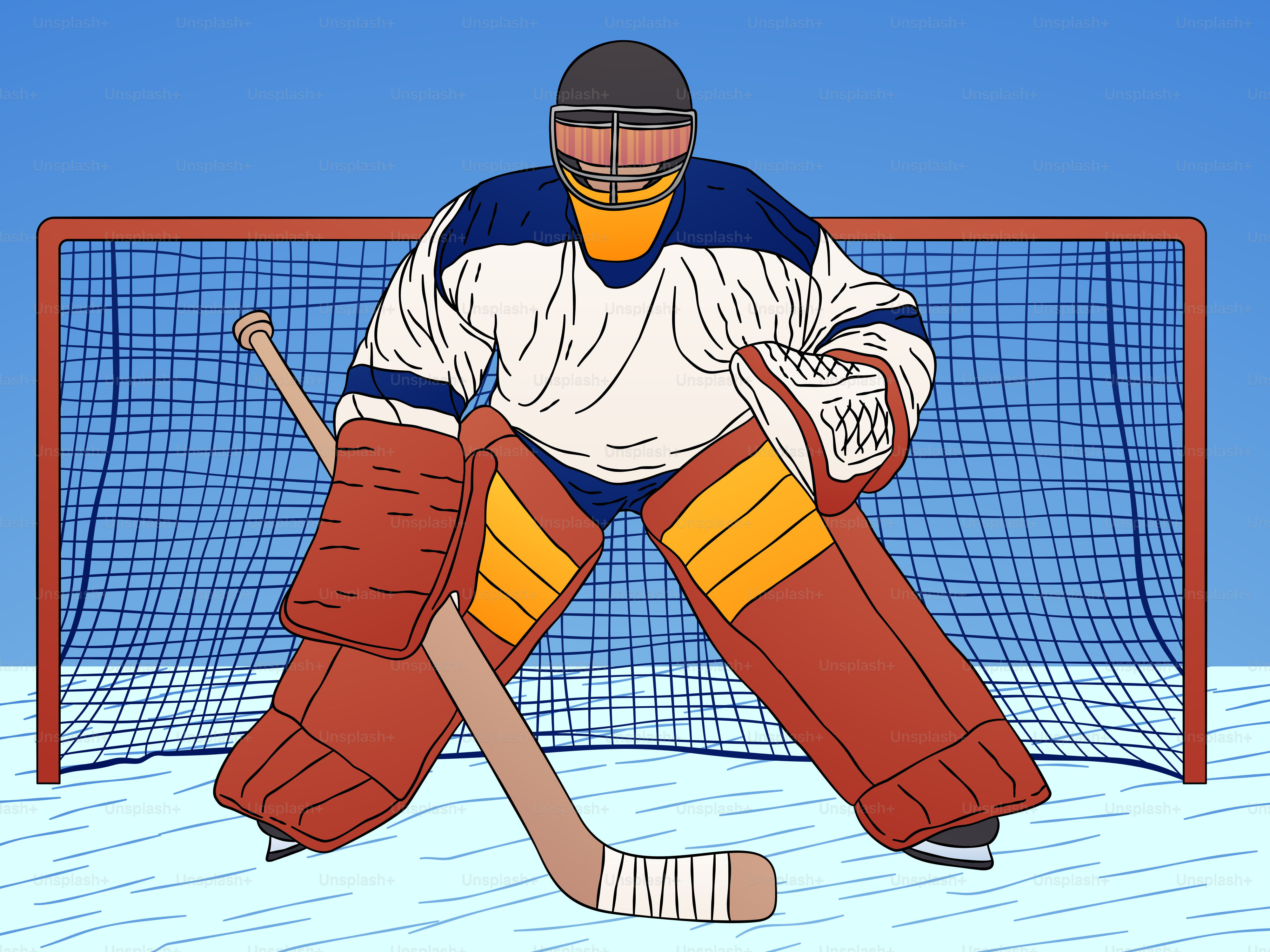 Una caricatura de un portero de hockey frente a la portería