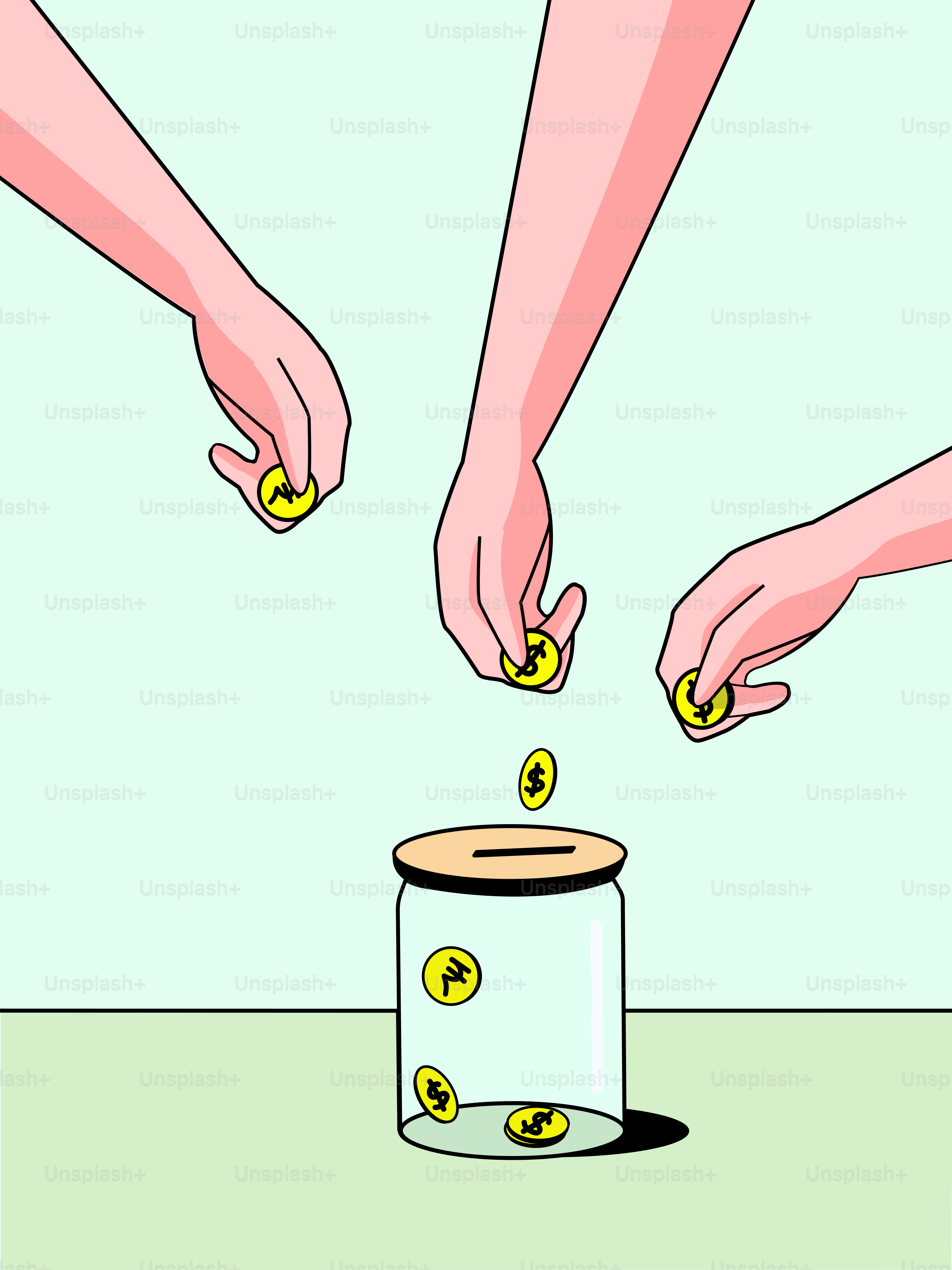 Two hands dropping money into a jar