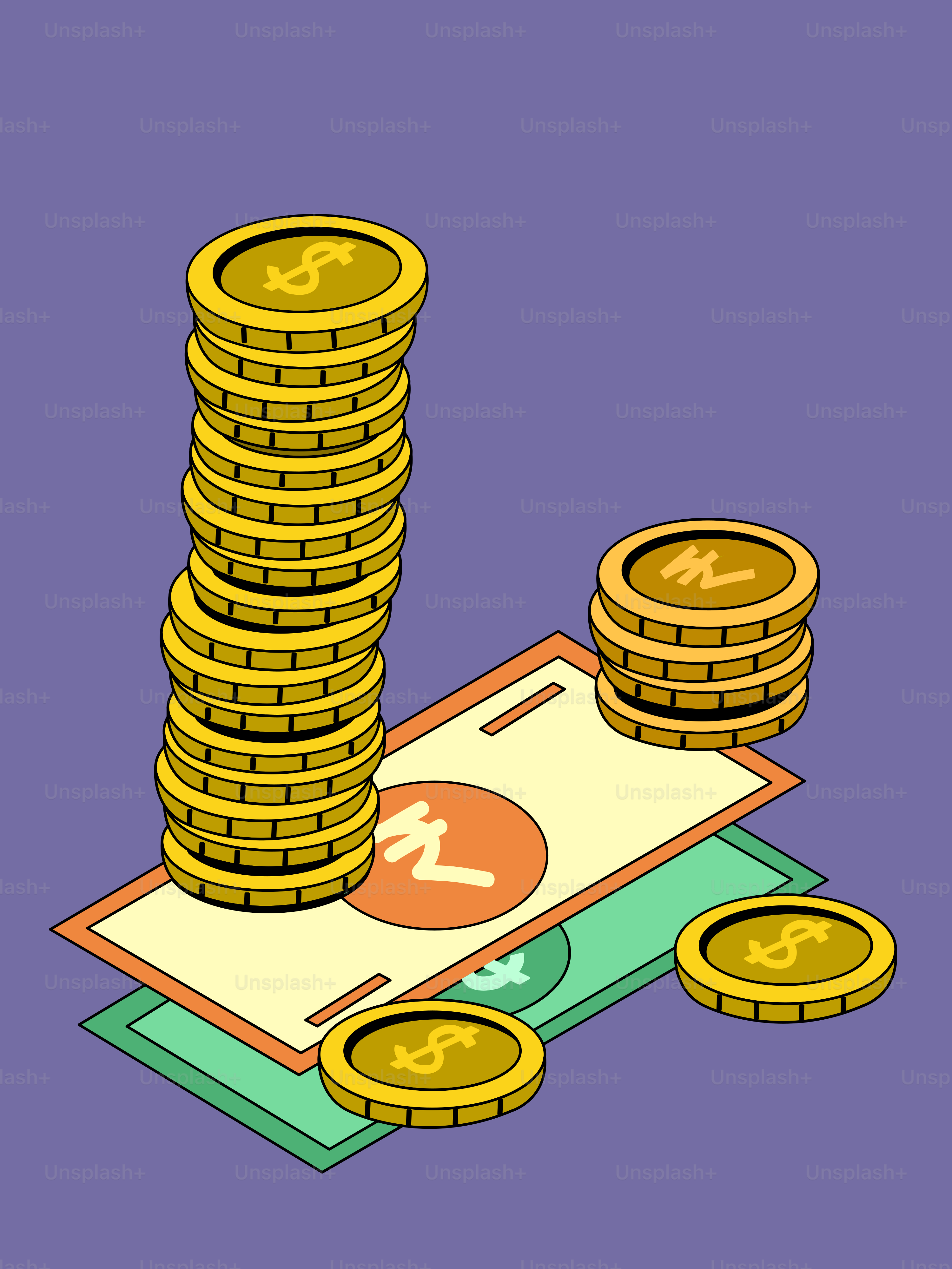 돈 더미 위에 쌓인 동전 더미