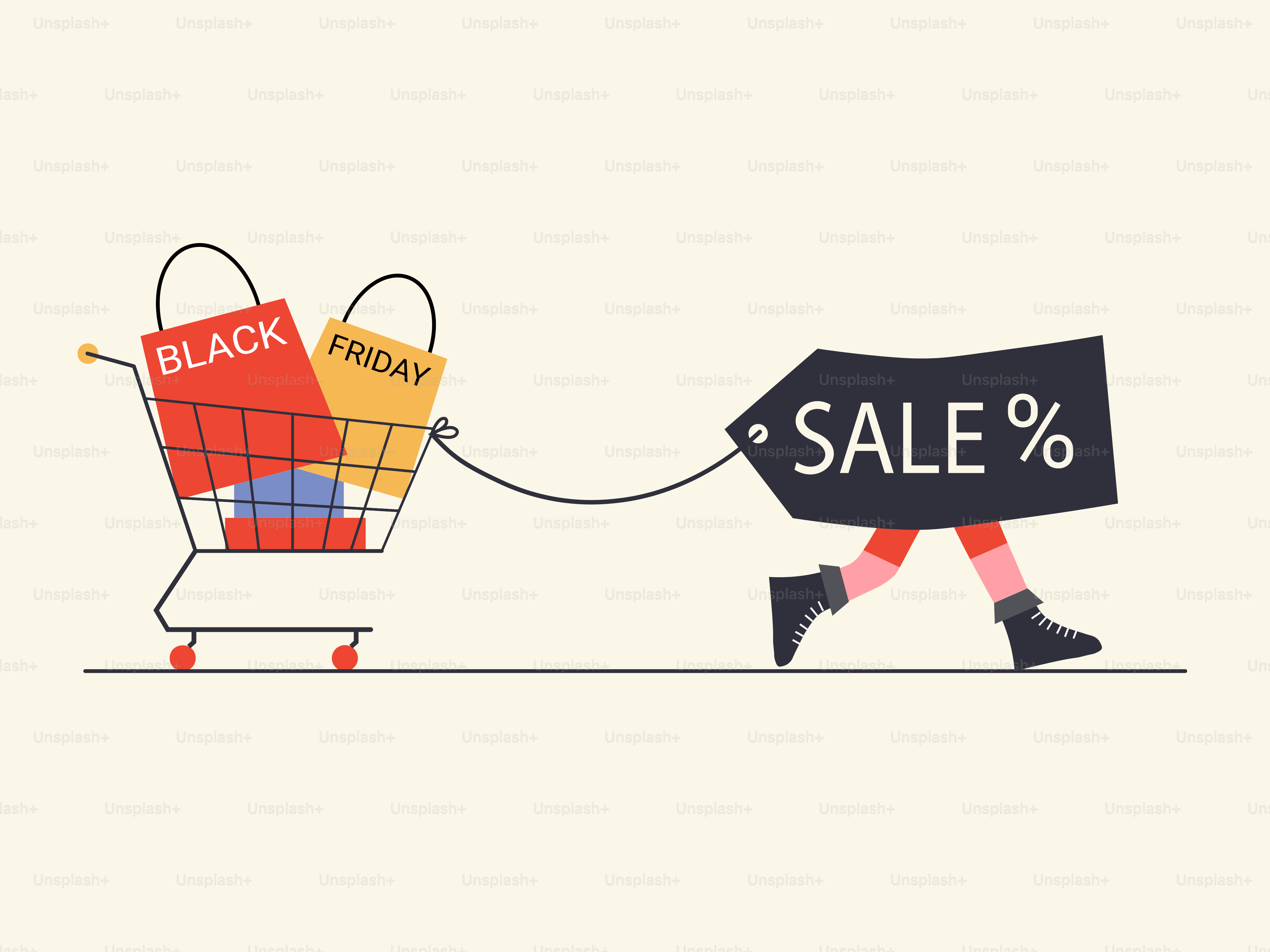 A person pulling a shopping cart with a sale sign on it