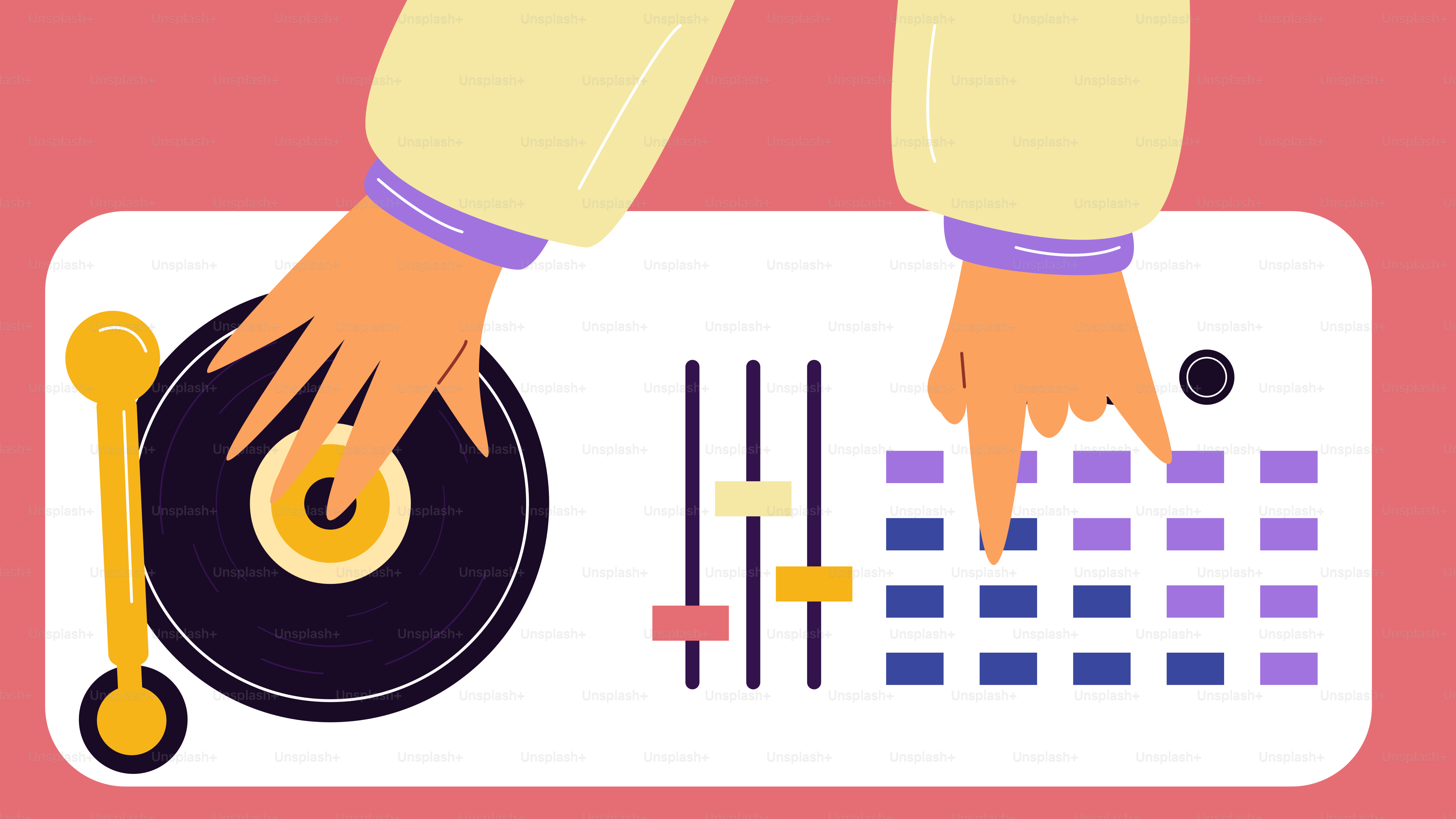 A person using a turntable on a pink background