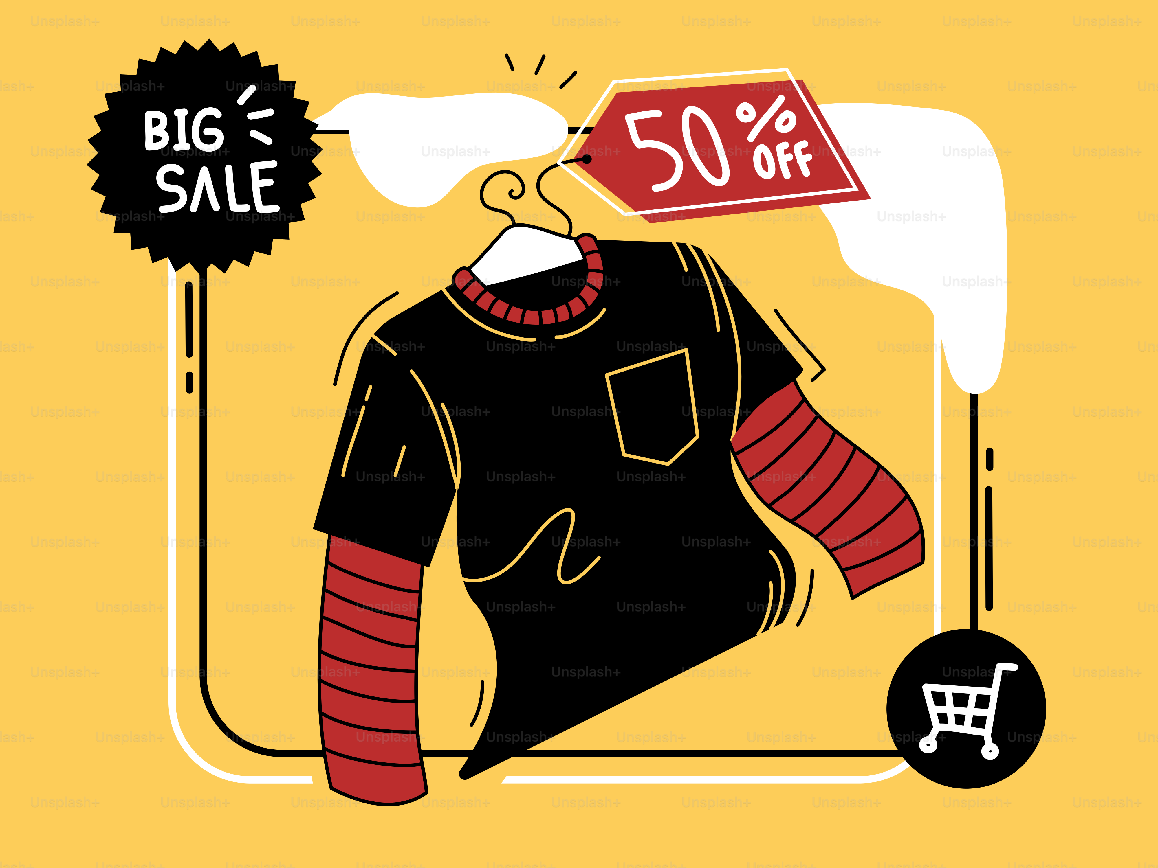 A yellow background with a black and red shirt and a sale sign