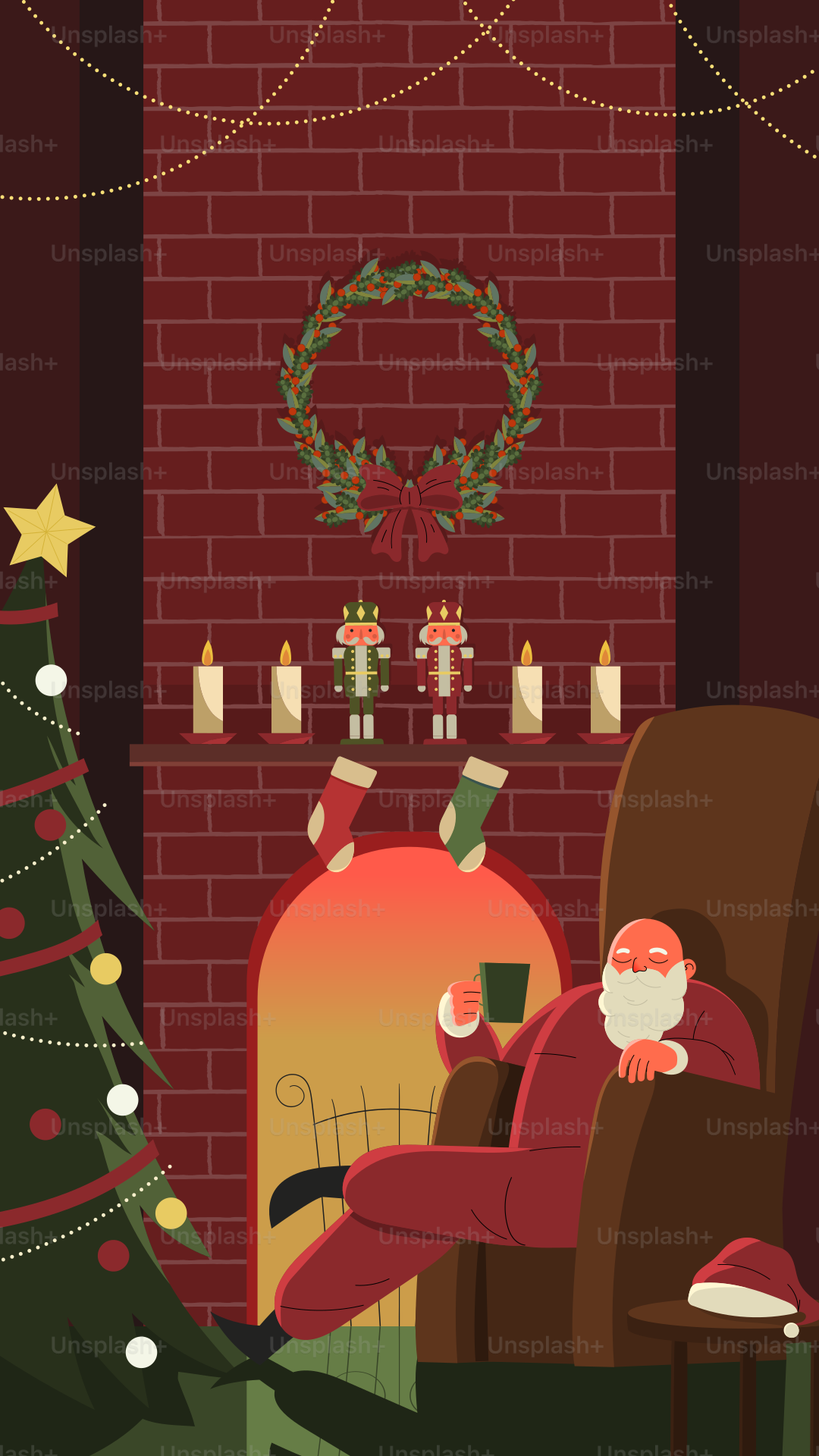 A living room with a christmas tree and a fireplace