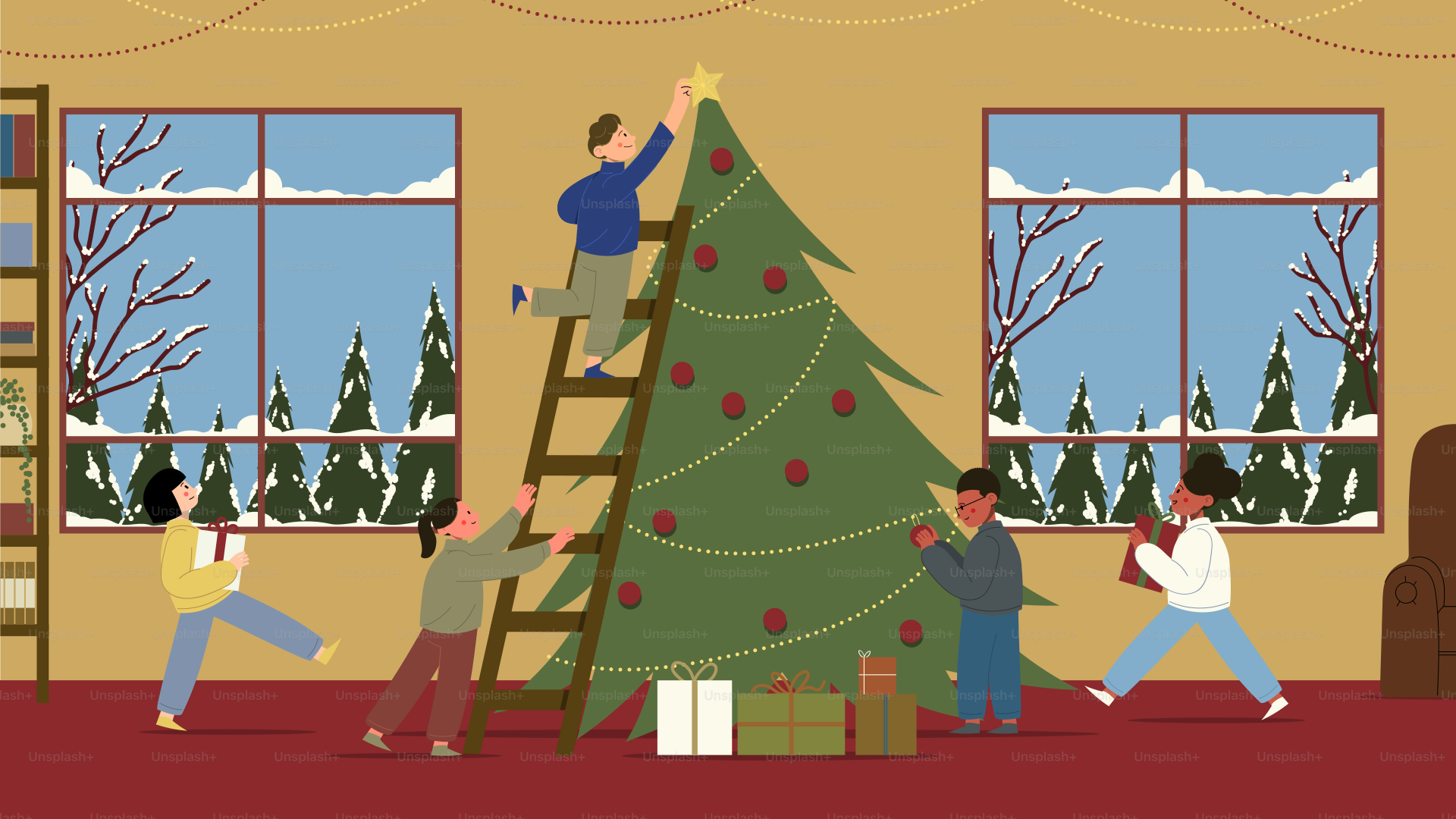A group of people decorating a christmas tree