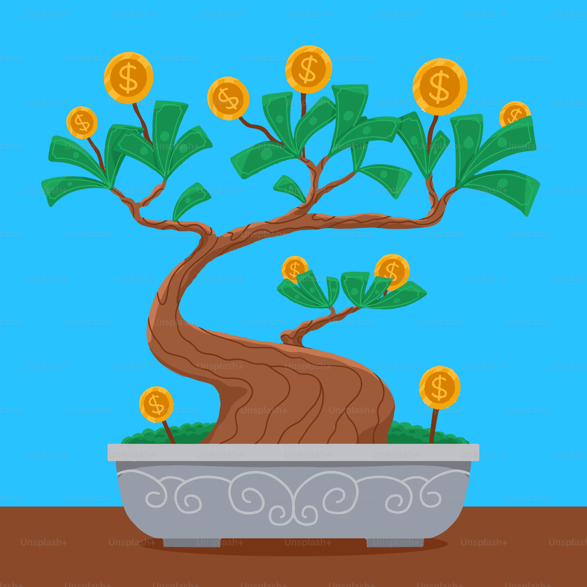 A potted plant with money growing out of it