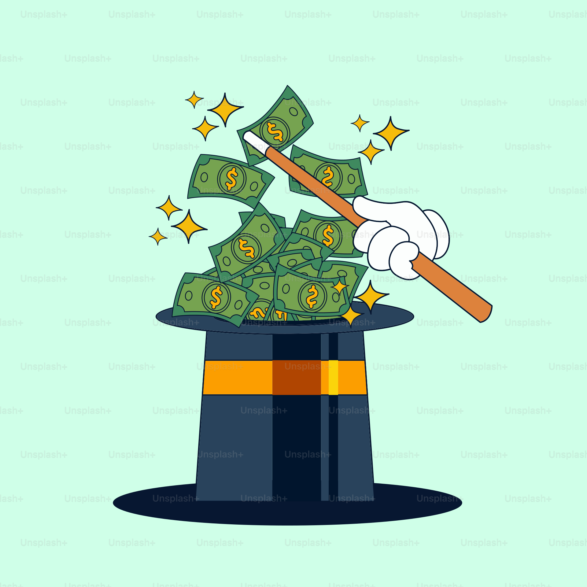 A magician's hat with money coming out of it