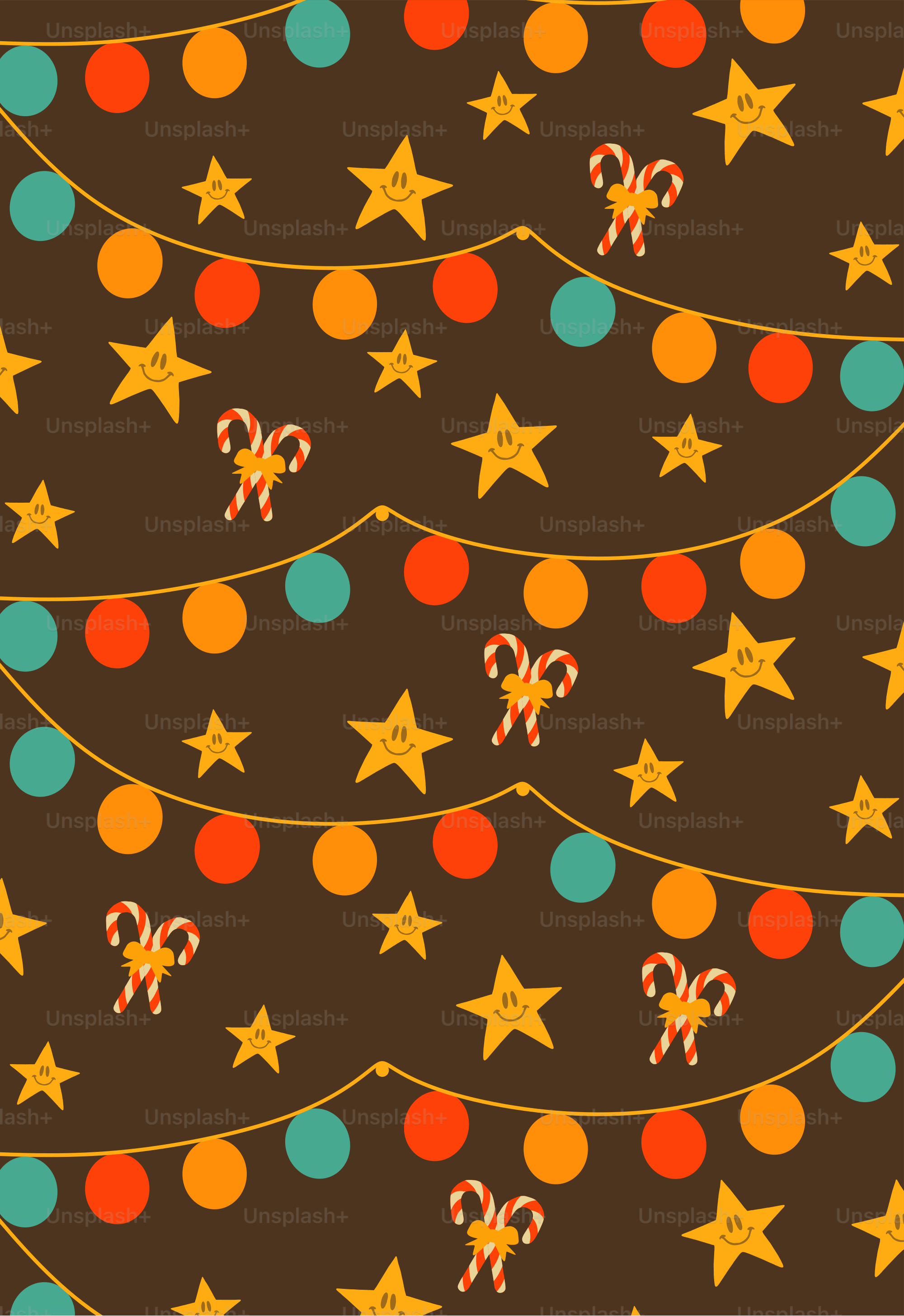 A christmas tree with candy canes and stars on a brown background