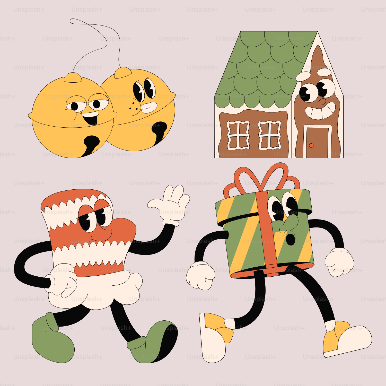 A couple of cartoon characters running with gifts