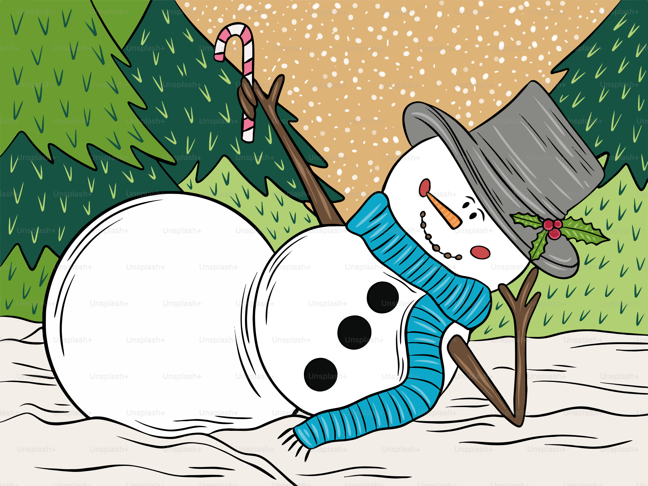 A drawing of a snowman with a hat and scarf