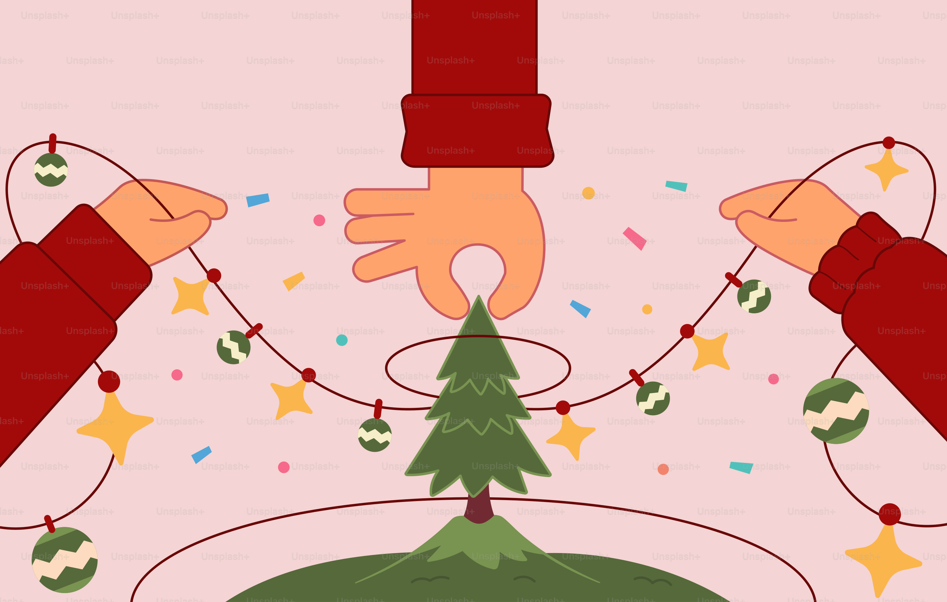 Two hands holding a christmas tree on a pink background