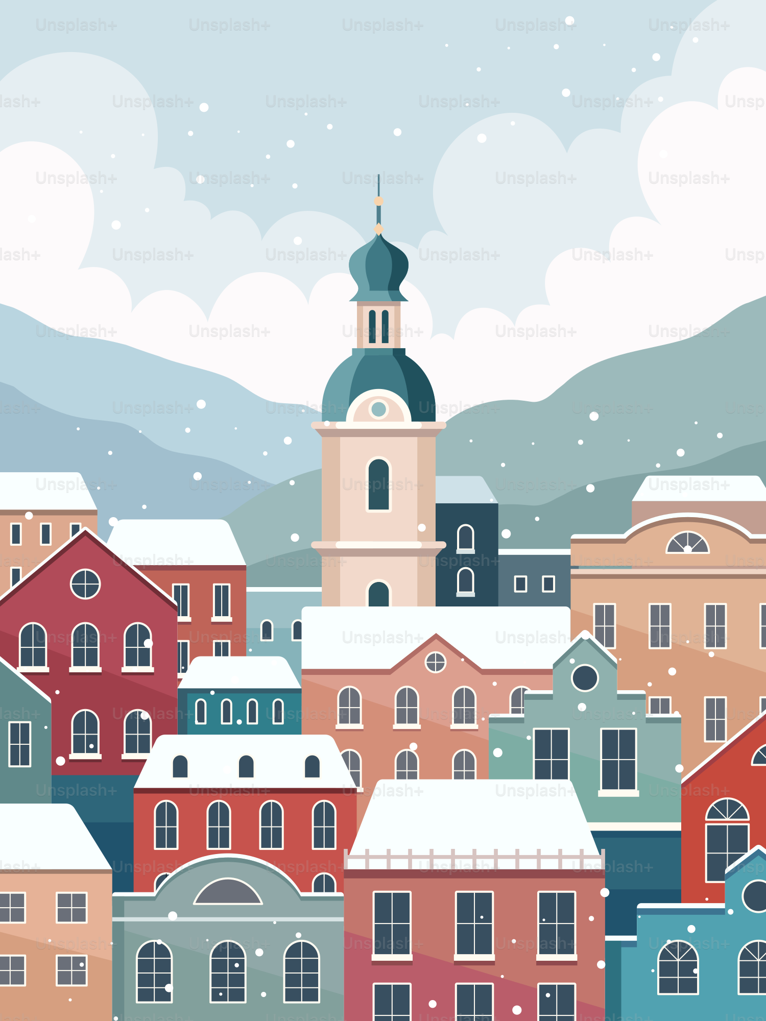 Une ville enneigée avec une tour d’horloge au centre