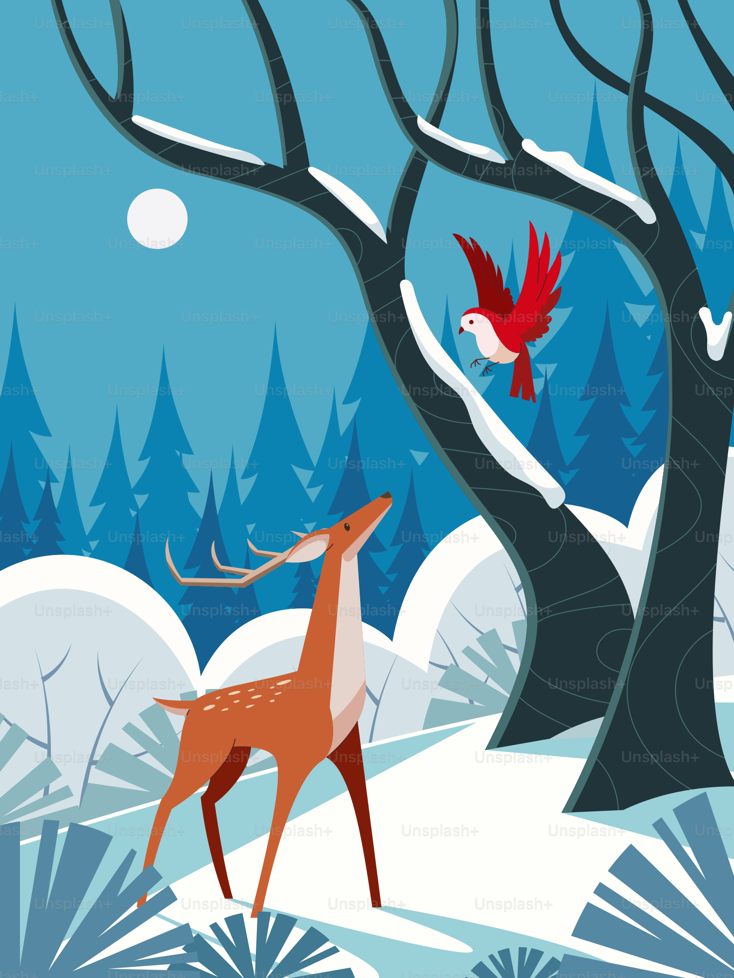 A deer and a bird in a snowy forest