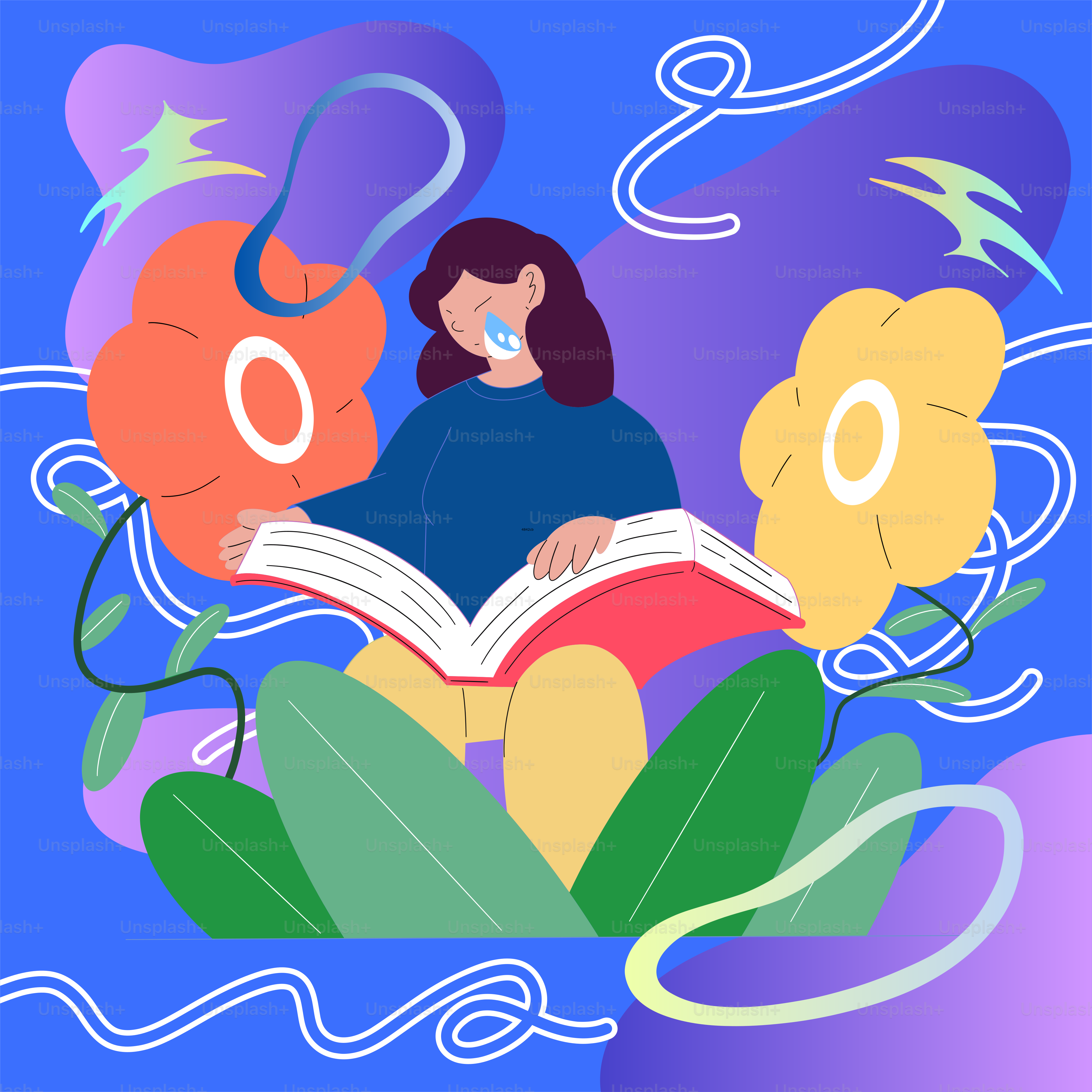 花に囲まれて本を読む女性