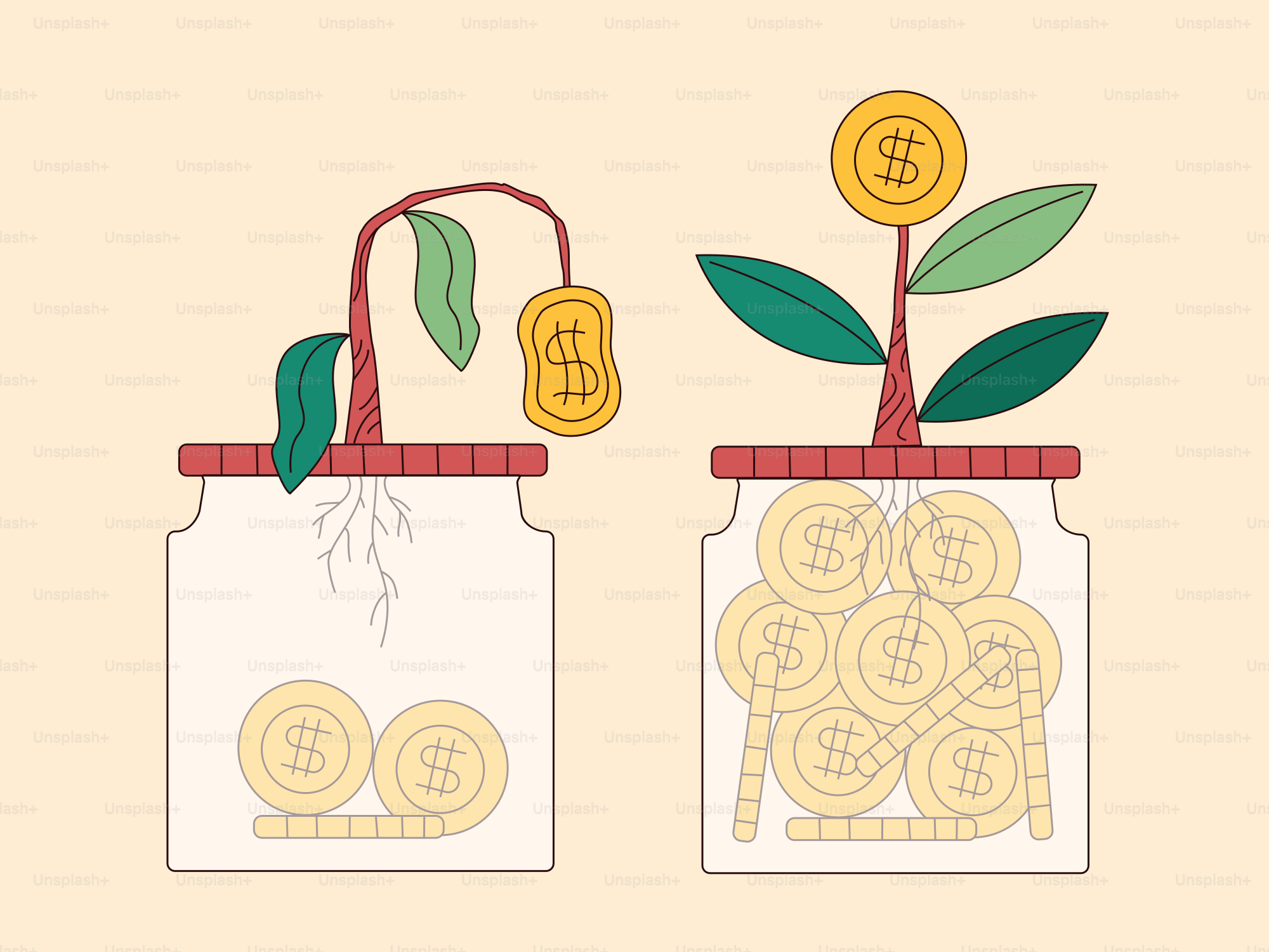 A couple of bags filled with money and plants