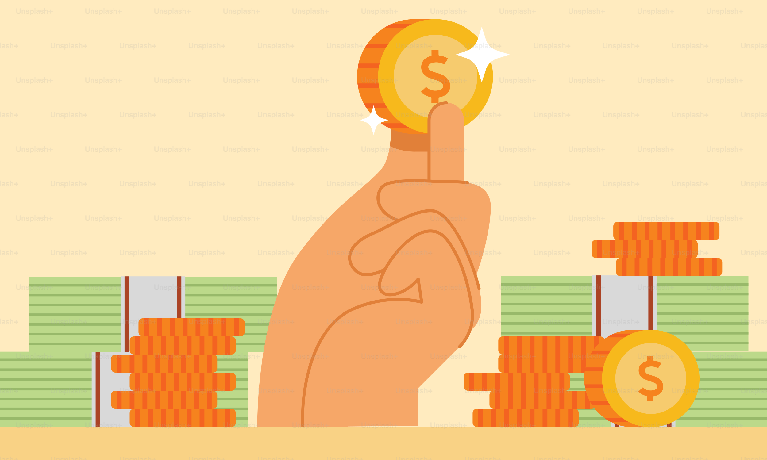 Uma mão segura uma moeda na frente de pilhas de dinheiro