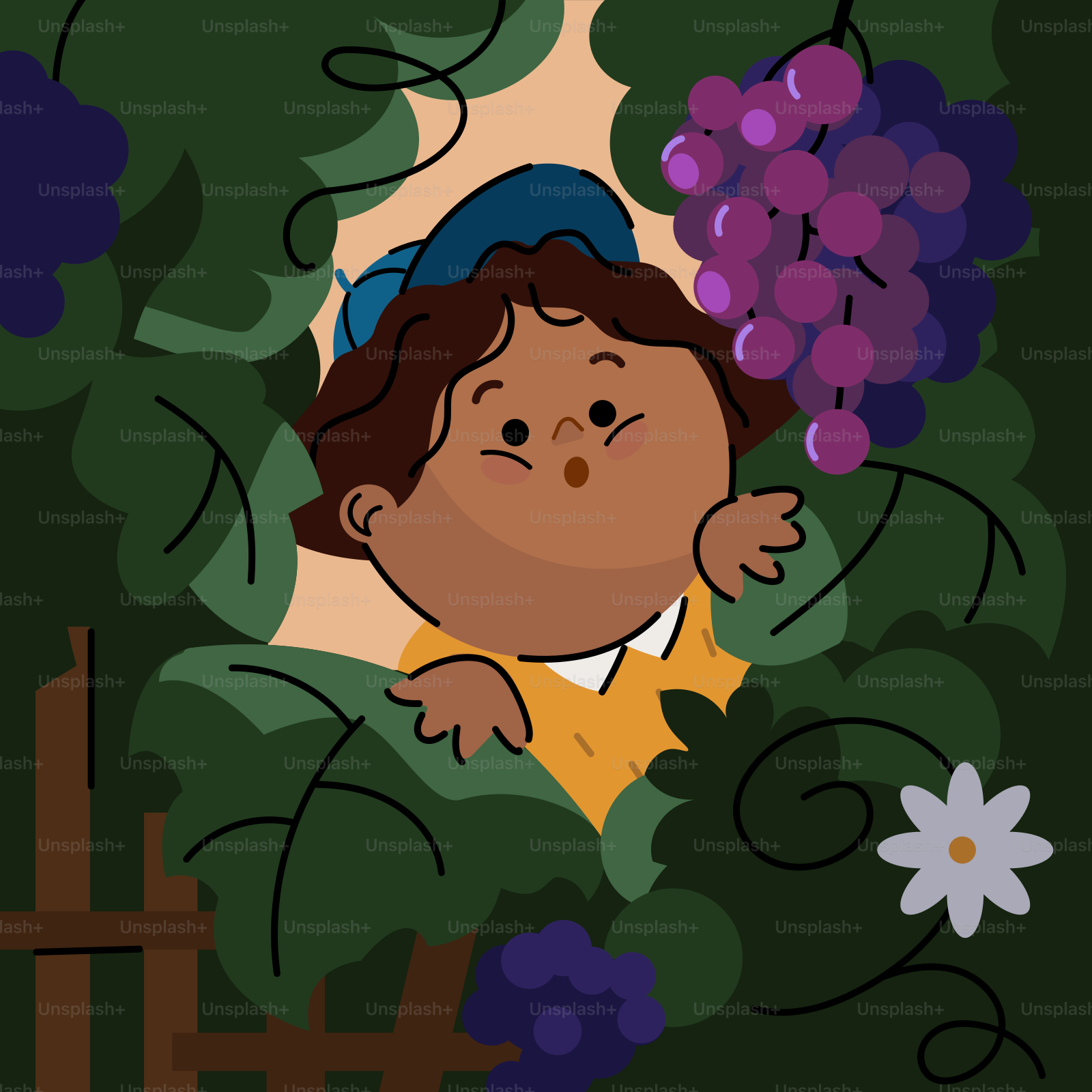 A cartoon of a boy holding a bunch of grapes