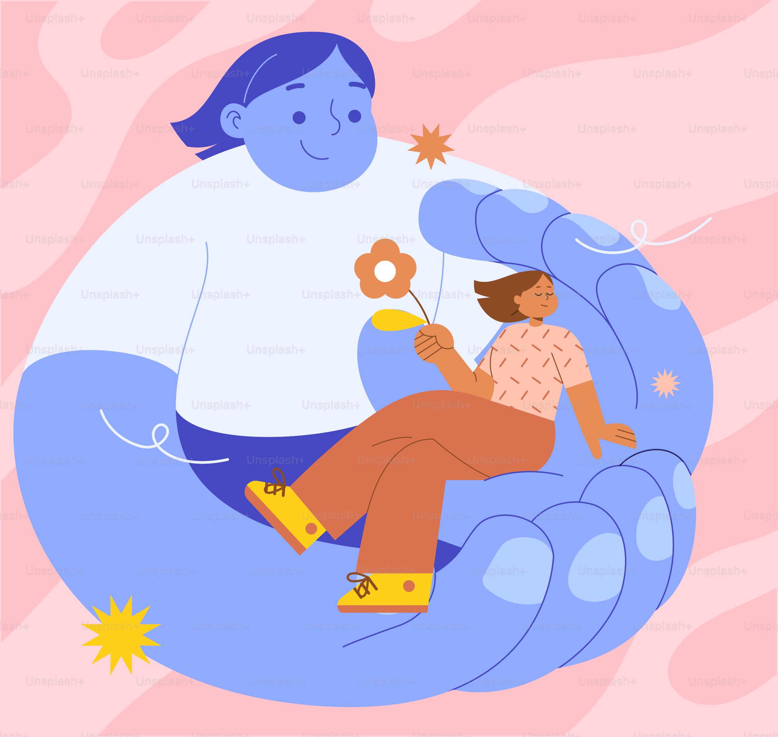 A woman sitting on top of a giant blue object