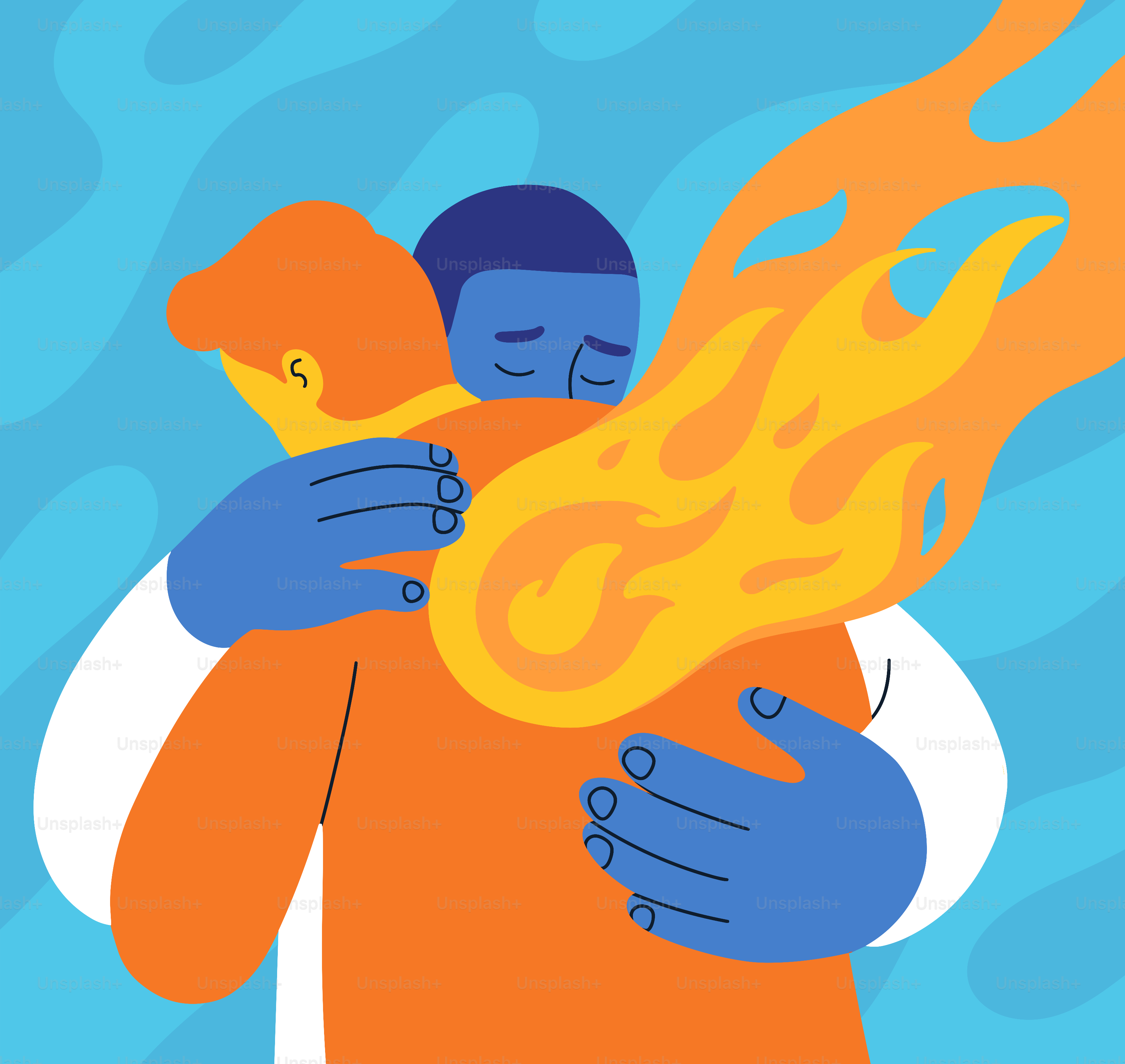 Two people hugging each other with fire coming out of their arms