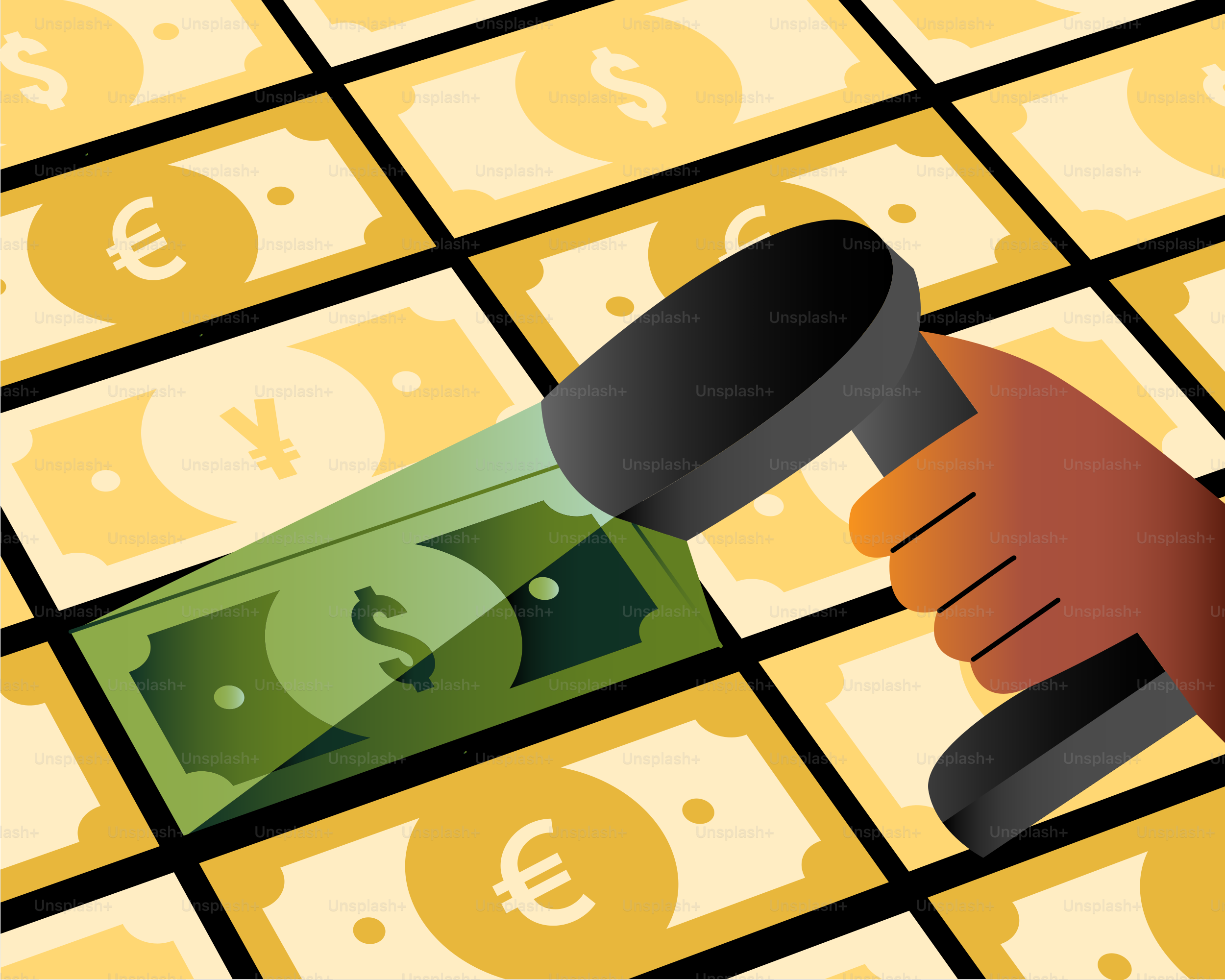 돈 더미 위에 망치를 든 손