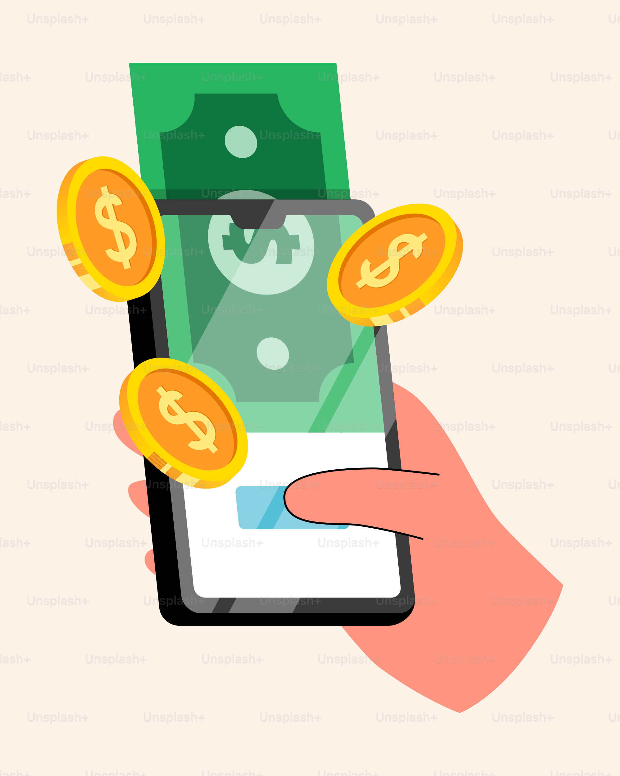 A hand holding a phone with money coming out of it