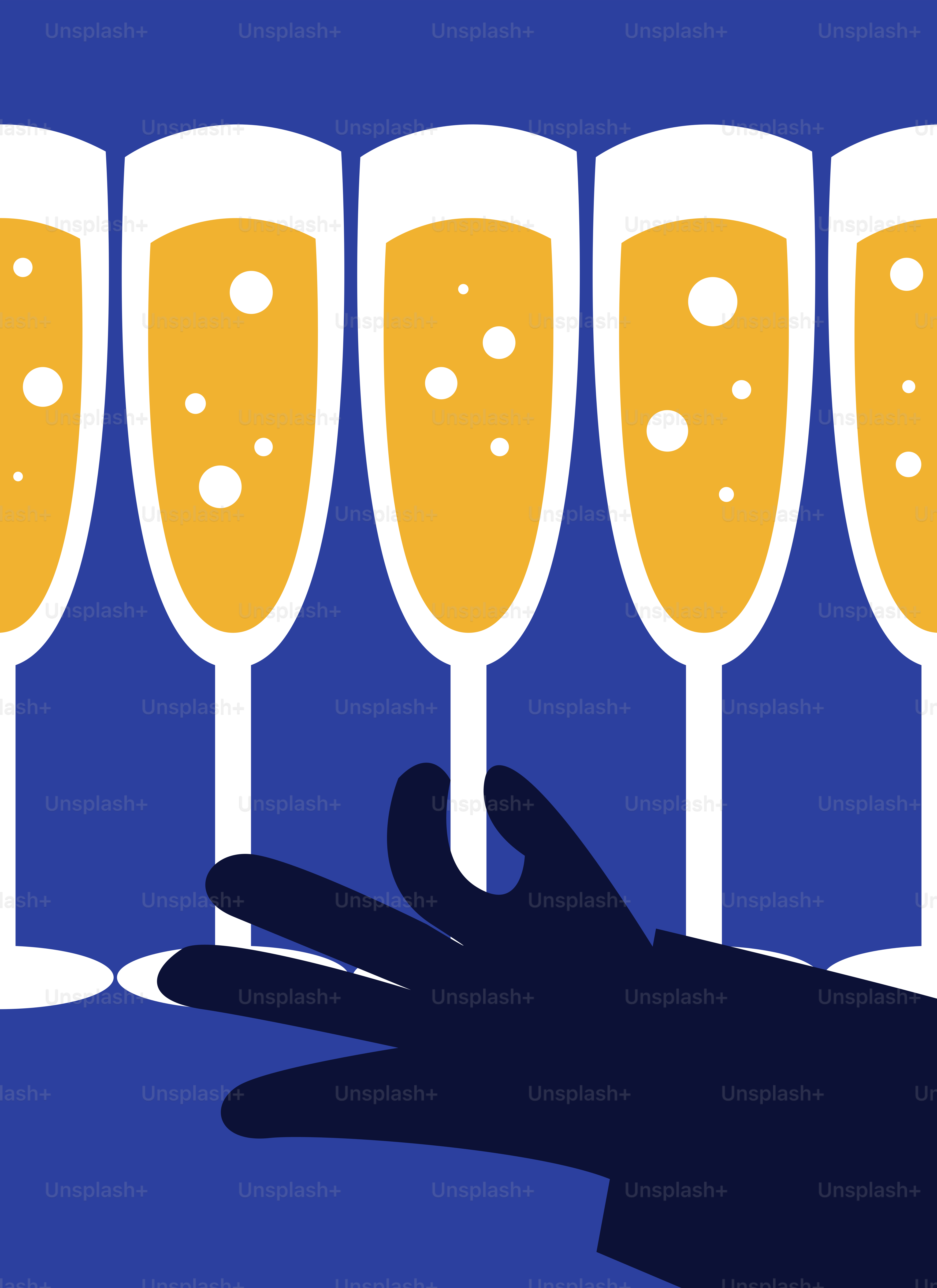 A hand reaching for a row of champagne glasses