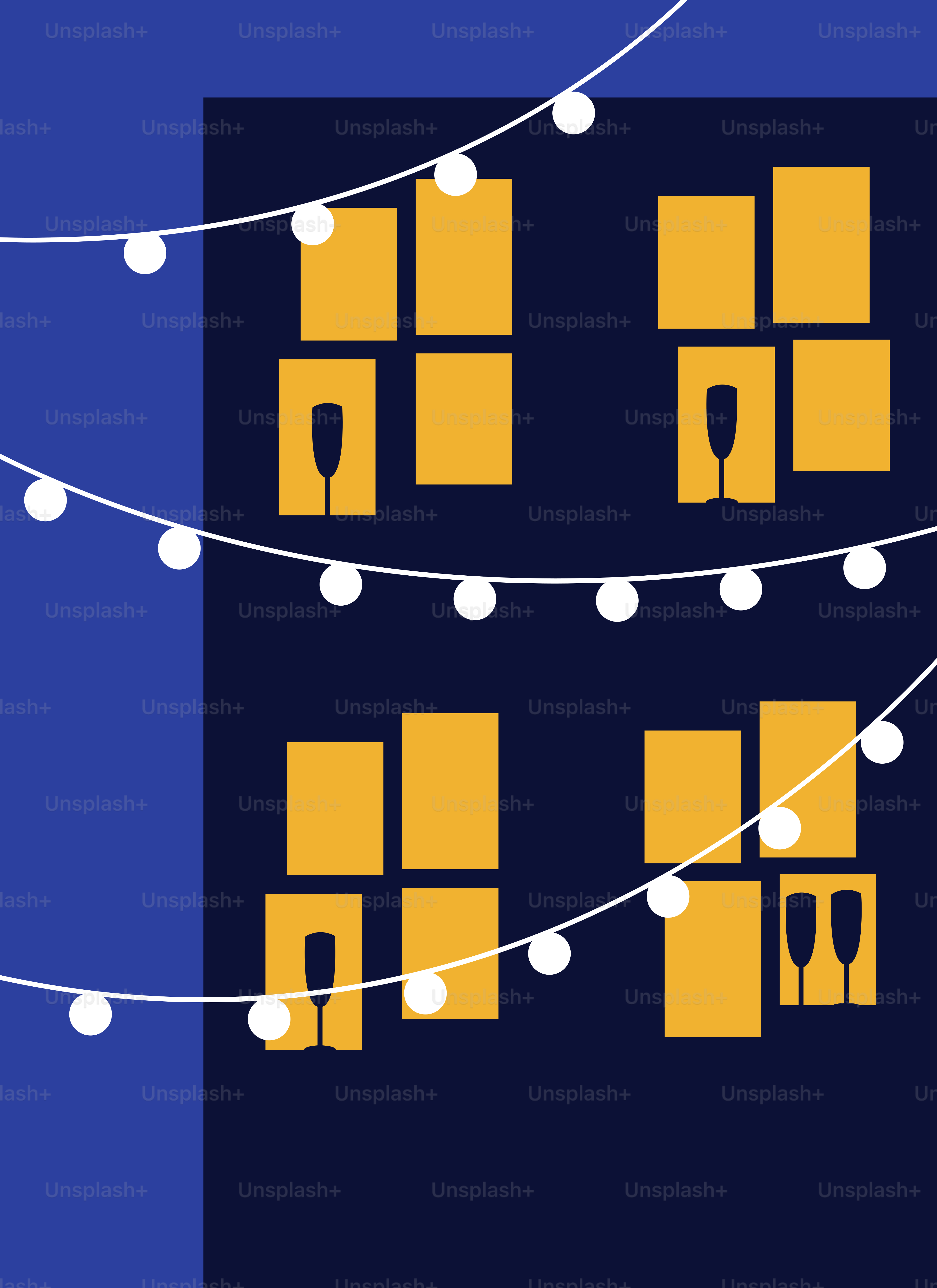 A blue and yellow background with lights and boxes