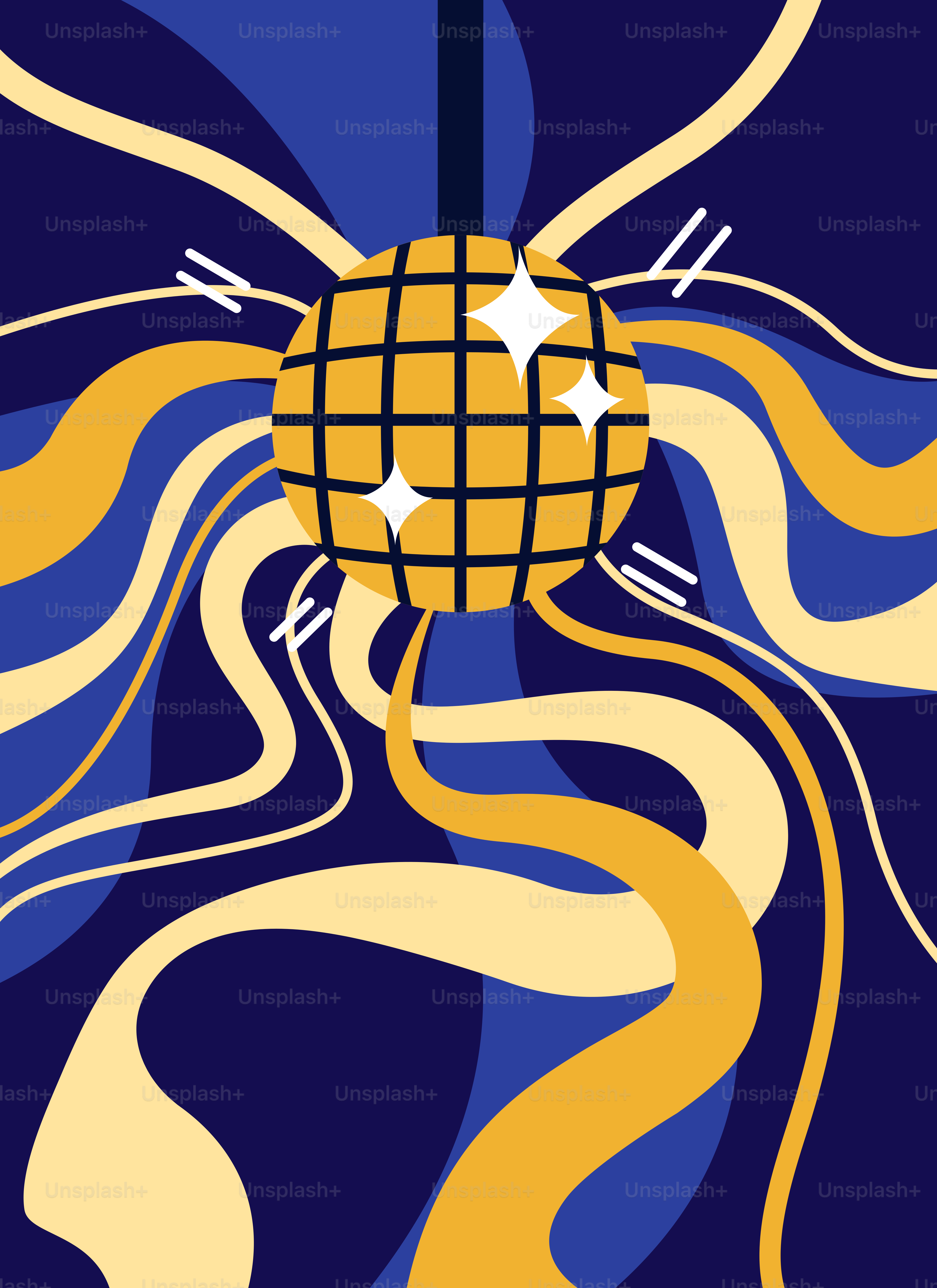 A stylized illustration of a disco ball in the air