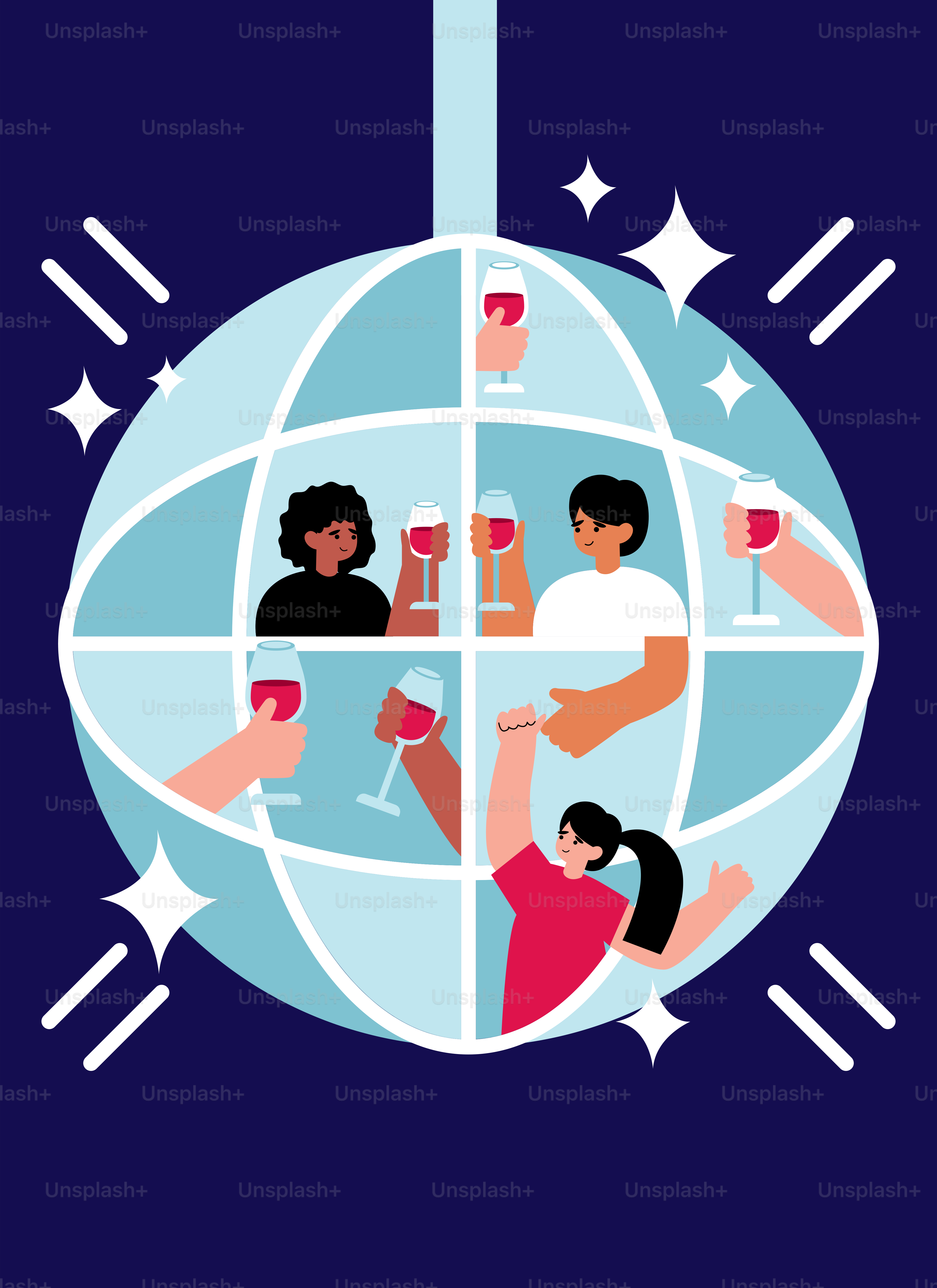 A globe with people drinking and drinking wine