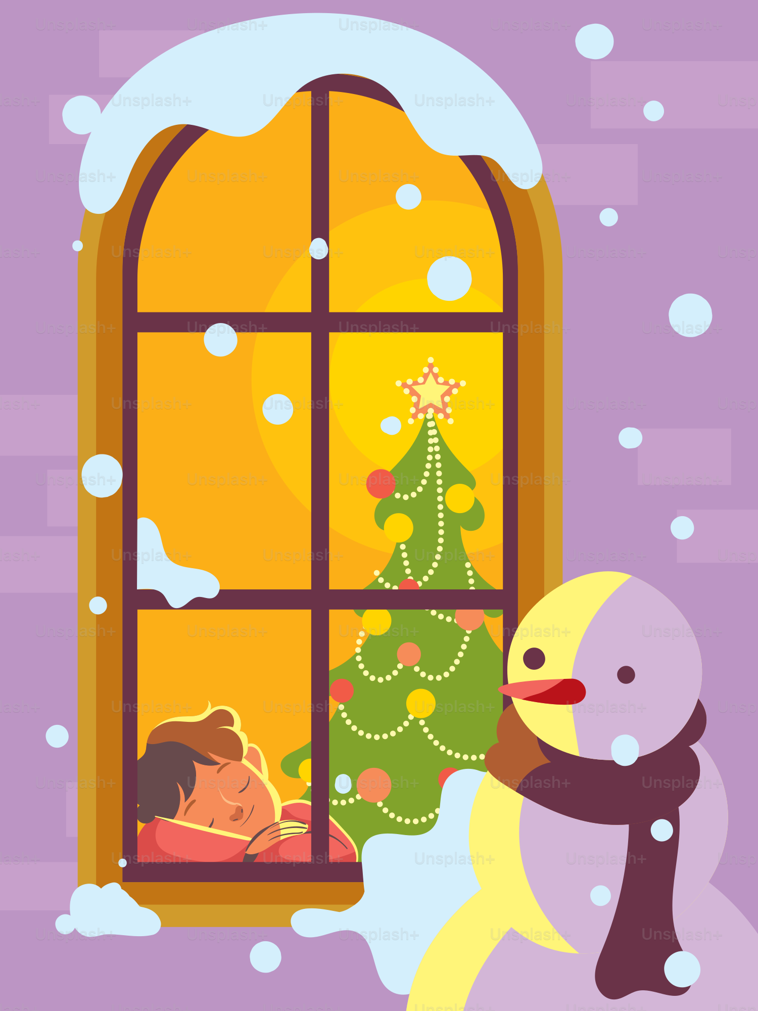 雪だるまと子供が窓の外をクリスマスツリーを見ている
