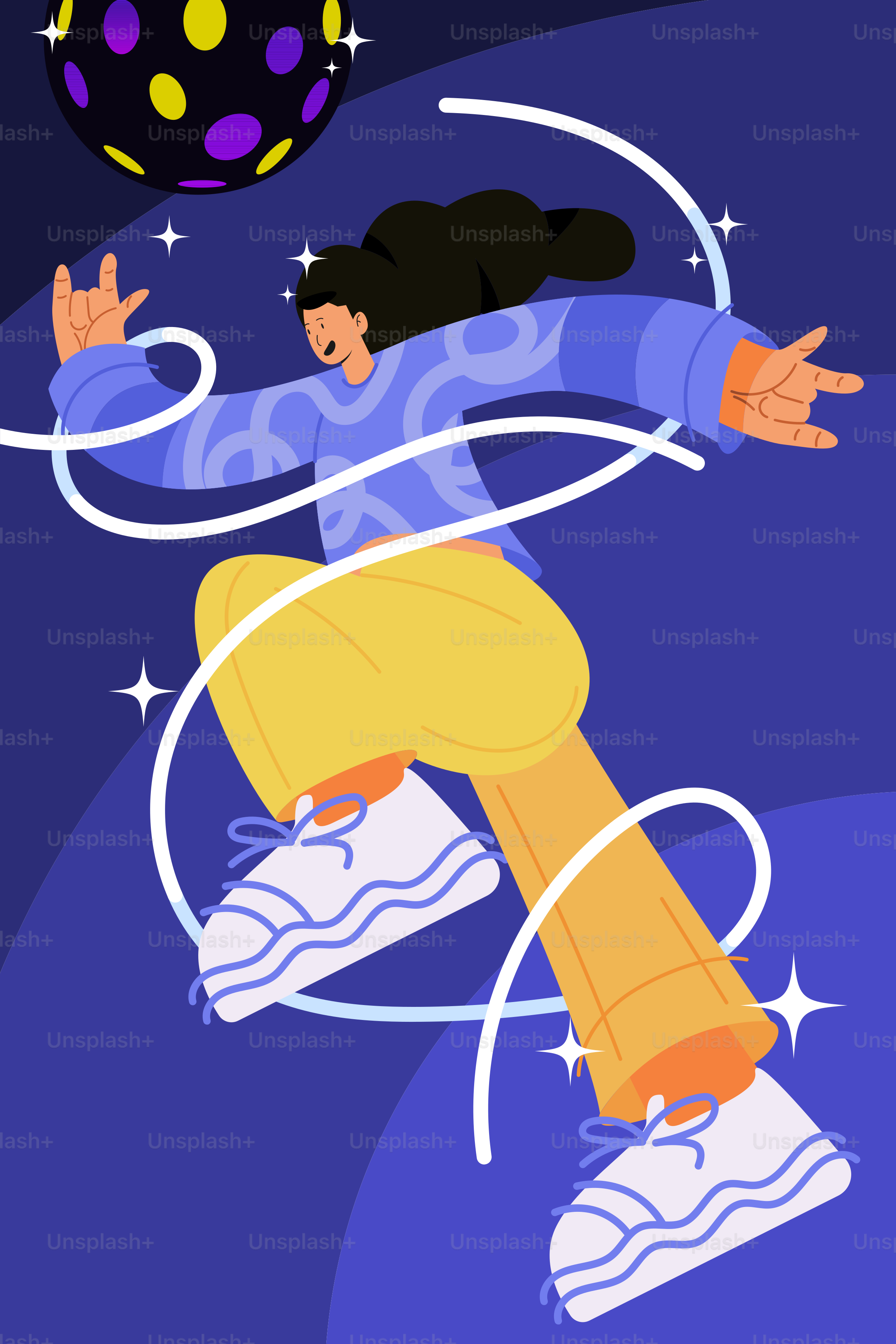 Une femme vole dans les airs sur une planche à roulettes