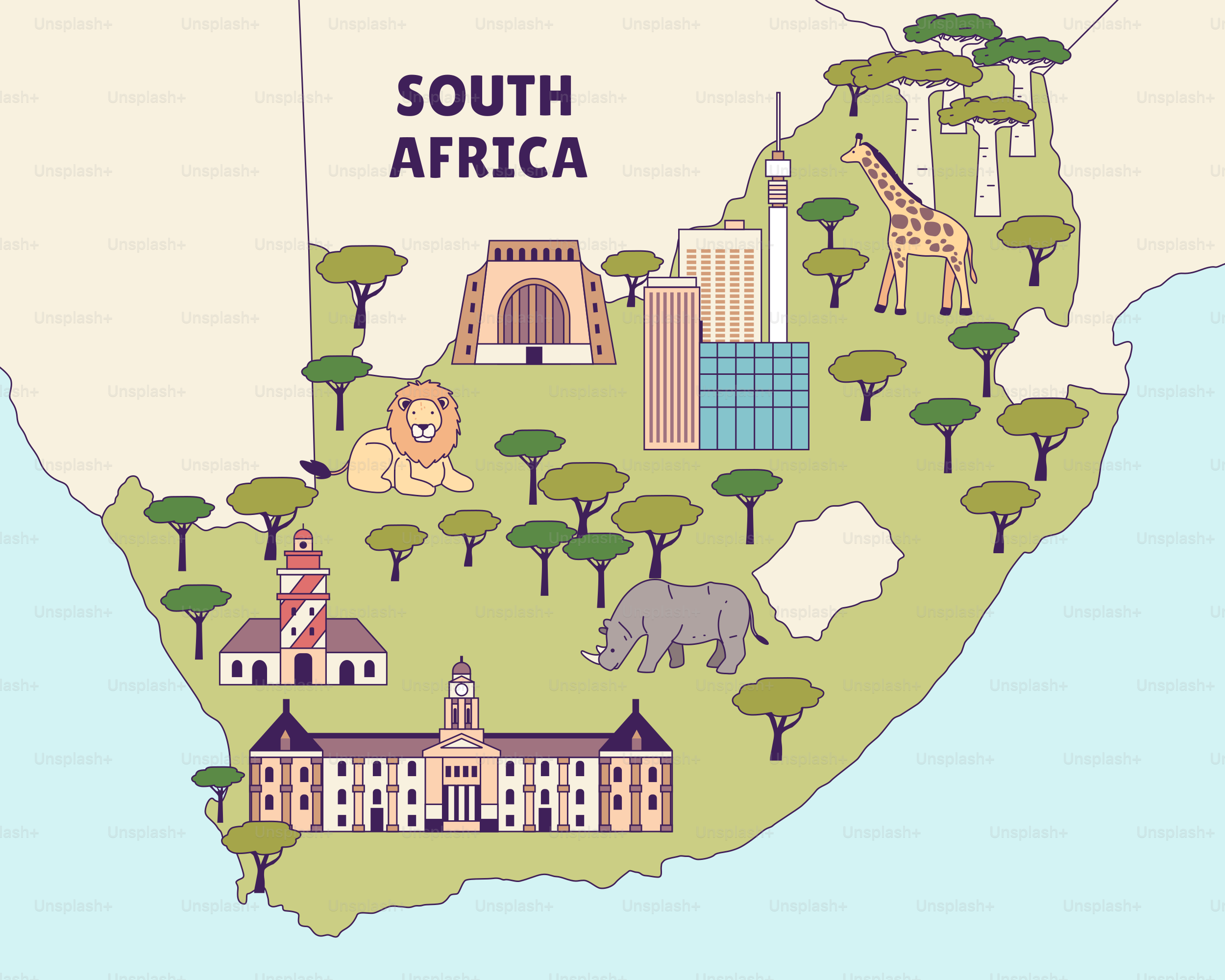Eine Karte von Südafrika mit Tieren und Gebäuden