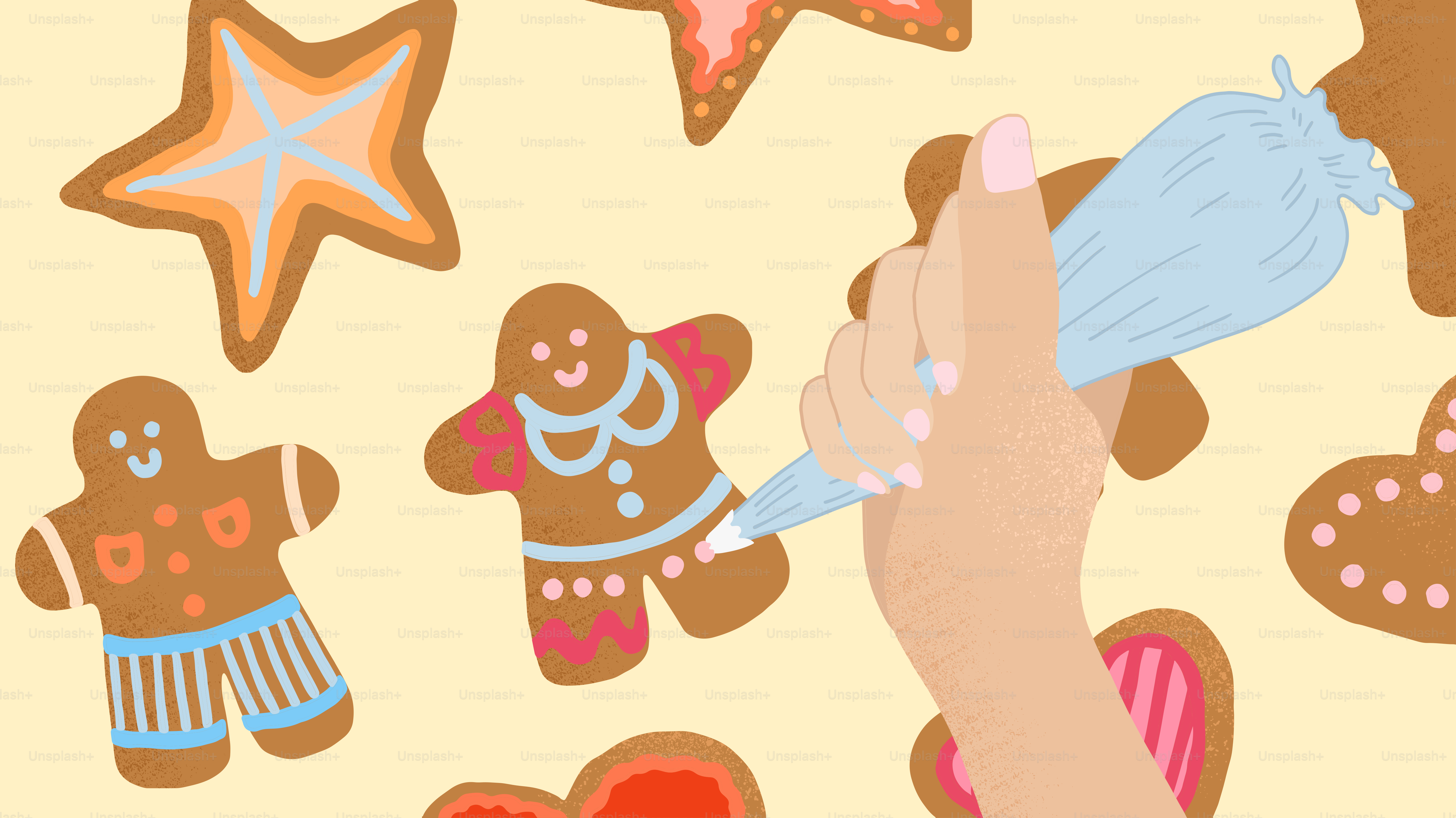 A hand holding a toothbrush in front of a pattern of gingerbreads and